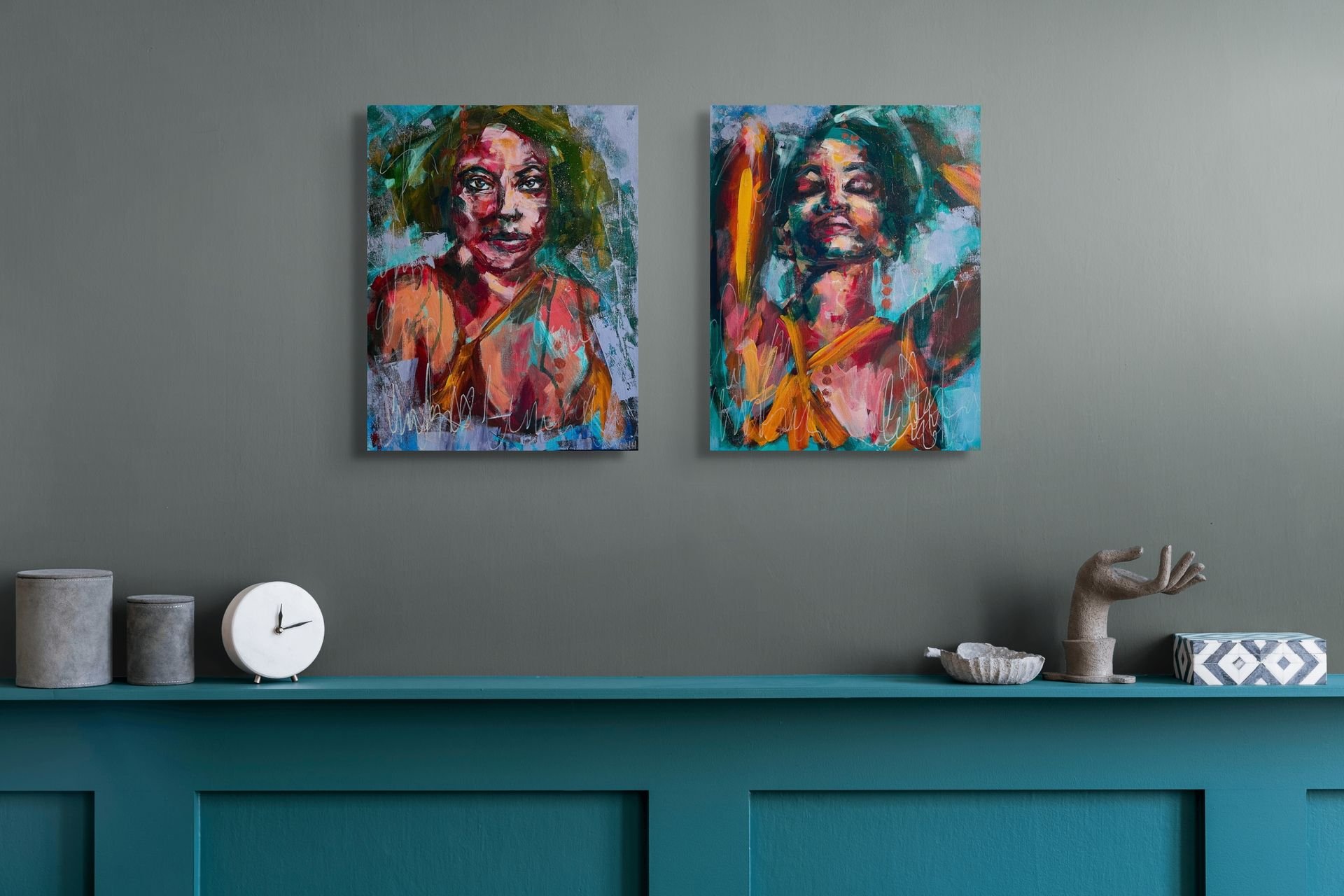A Promise of Opening & The Bliss of Breath |
20x16" each | Acrylic on canvas |
Intimate reflections on presence and embodiment. Shown in a sacred domestic space, these smaller works carry the quiet power of breath and becoming.