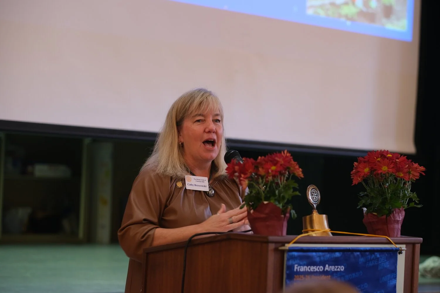   Cathy Brzozowski, president of the Rotary Club of Chestnut Hill, speaks during the organization’s 30th anniversary celebration. Photo by Tommy Tucker.  