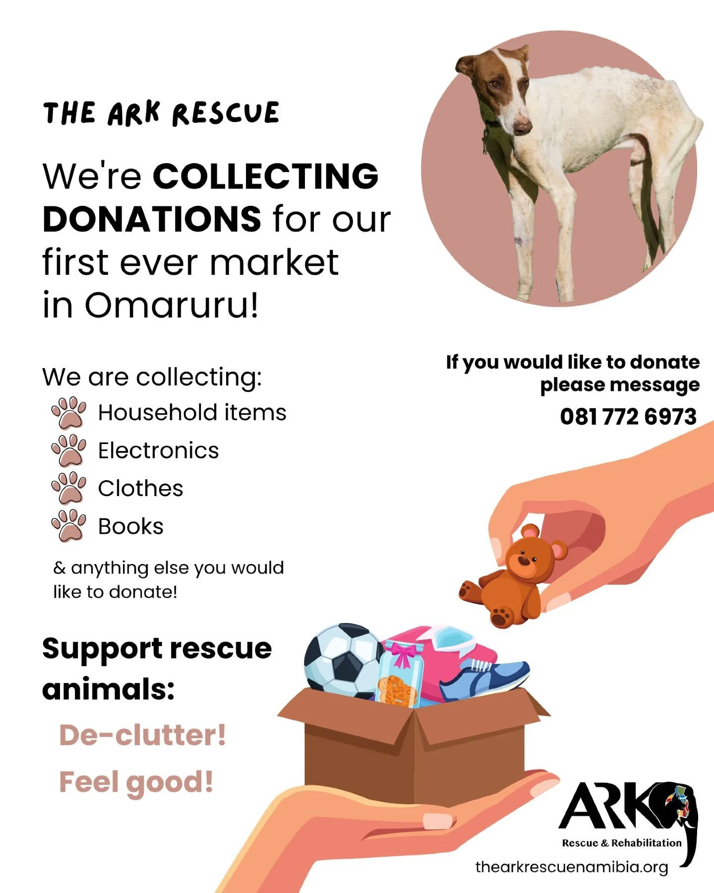 𝗛𝗮𝗽𝗽𝘆 𝗦𝗮𝘁𝘂𝗿𝗱𝗮𝘆 𝗹𝗼𝘃𝗲𝗹𝘆 𝗰𝗼𝗺𝗺𝘂𝗻𝗶𝘁𝘆! 🫶

We&rsquo;re getting ready to attend our first ever market in Omaruru - and we need your help!

The ARK Rescue and Rehabilitation will be selling kindly donated treasures to raise vital 