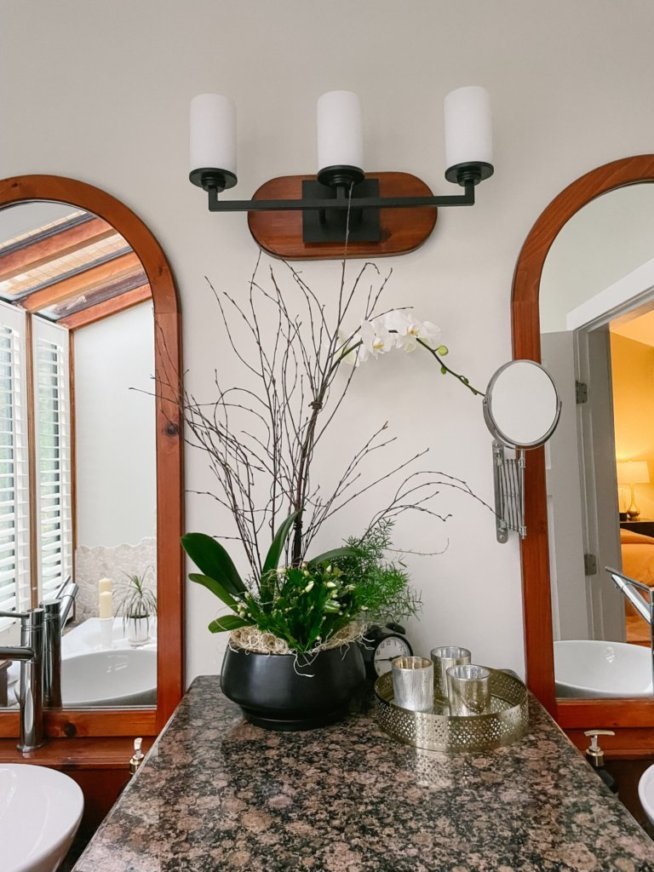 Bathroom countertop with a granite surface featuring a decorative plant arrangement, small decorative jars on a metallic tray, twin mirrors with wooden frames, and wall-mounted light fixtures above.