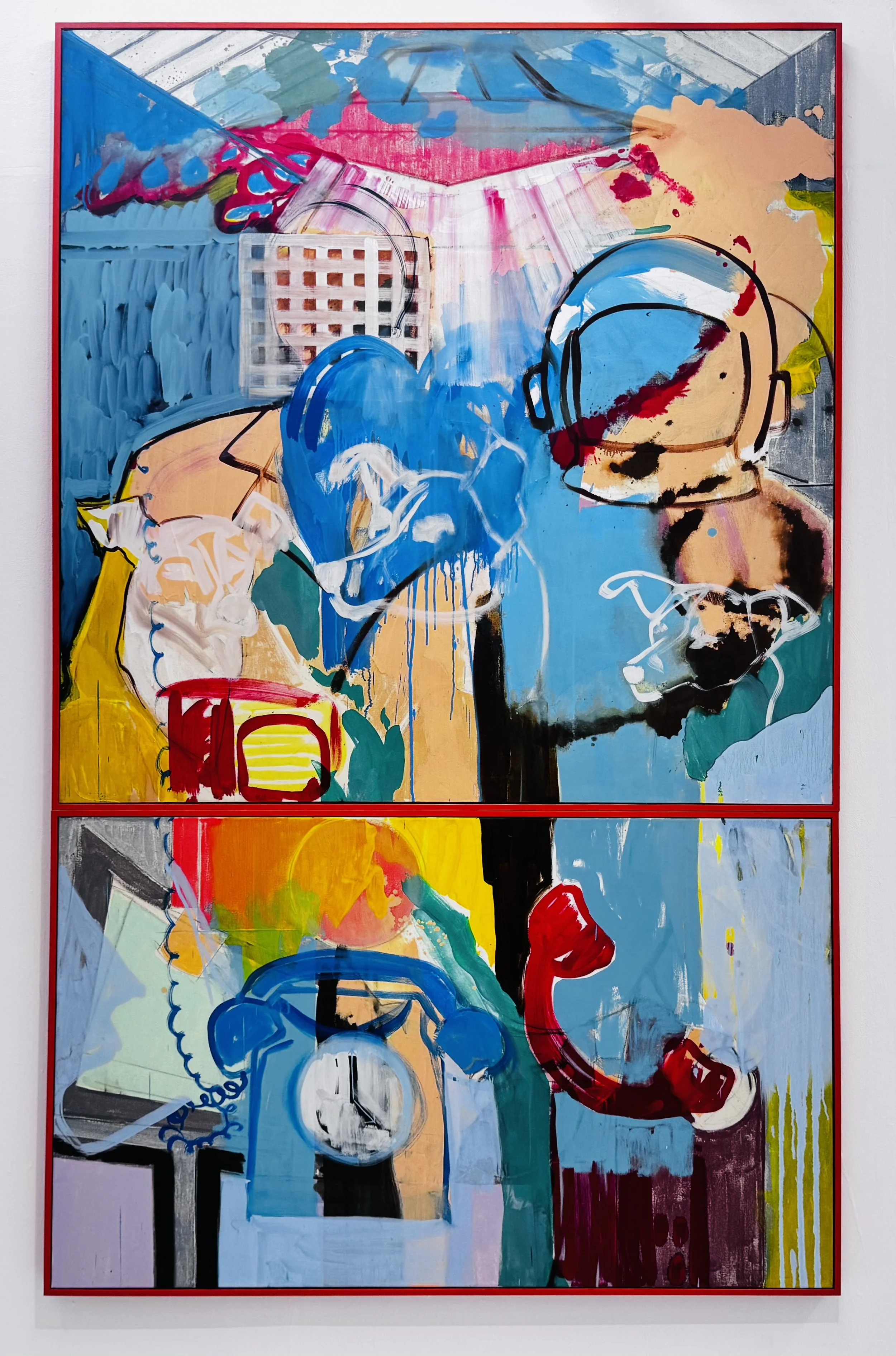 An abstract painting with vibrant colors including blue, orange, red, yellow, and black, featuring various shapes, lines, and patterns on a large canvas framed in red.  By the artist Katkin Pringle
