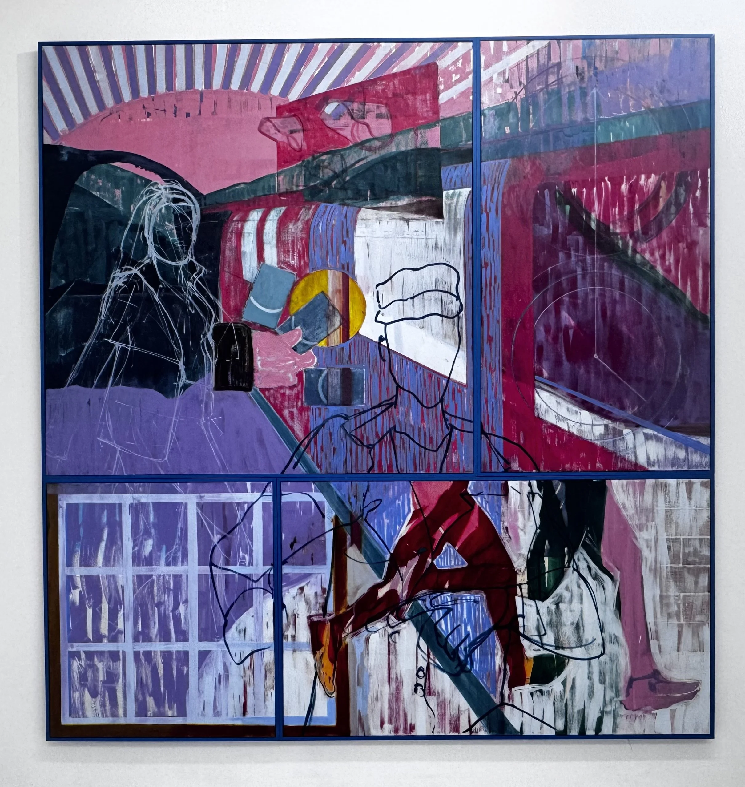 Katkin Pringle Artist. A  colourful, abstract mixed-media artwork divided into two panels featuring bold colors, graphic lines, and sketches of human figures, with a dominant use of pink, purple, blue, black, and white.