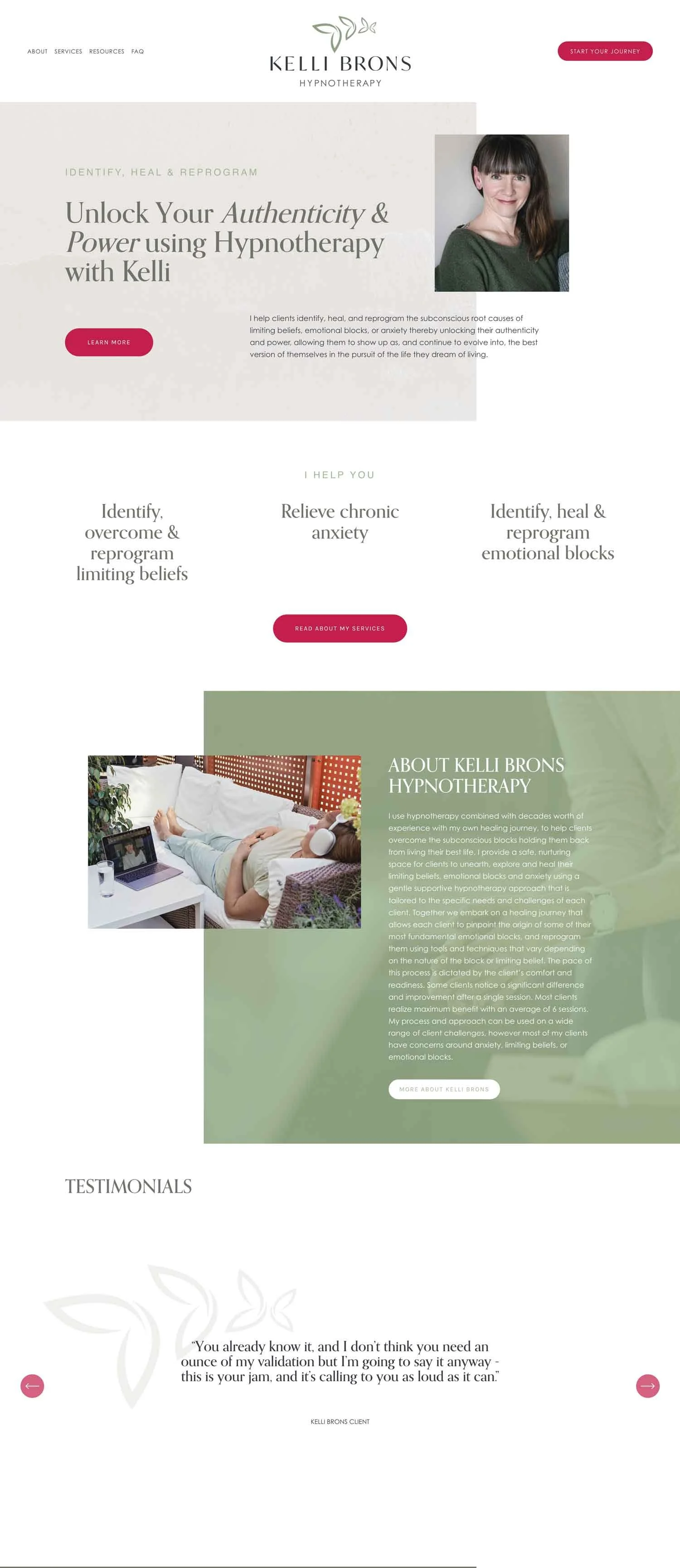 Kelli Brons Hypnotherapy website homepage featuring hypnotherapy services that focus on unlocking authenticity and power. Includes an image of a person and a section about Kelli Brons. The design is clean with testimonial and navigation options.