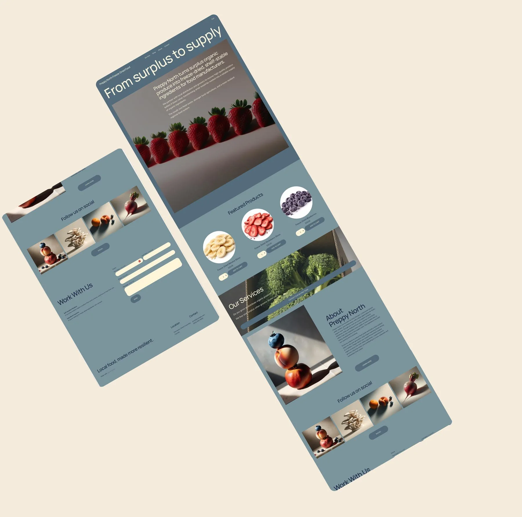 Multiple digital screens showcasing a website for Preppy North, a company that specializes in frozen and dried organic food products, with images of fresh strawberries, blueberries, bananas, and other produce.