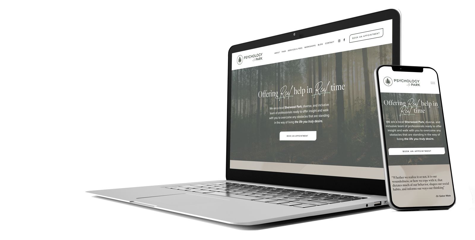 Laptop and smartphone displaying Psychology Park website with text offering real help in real time.