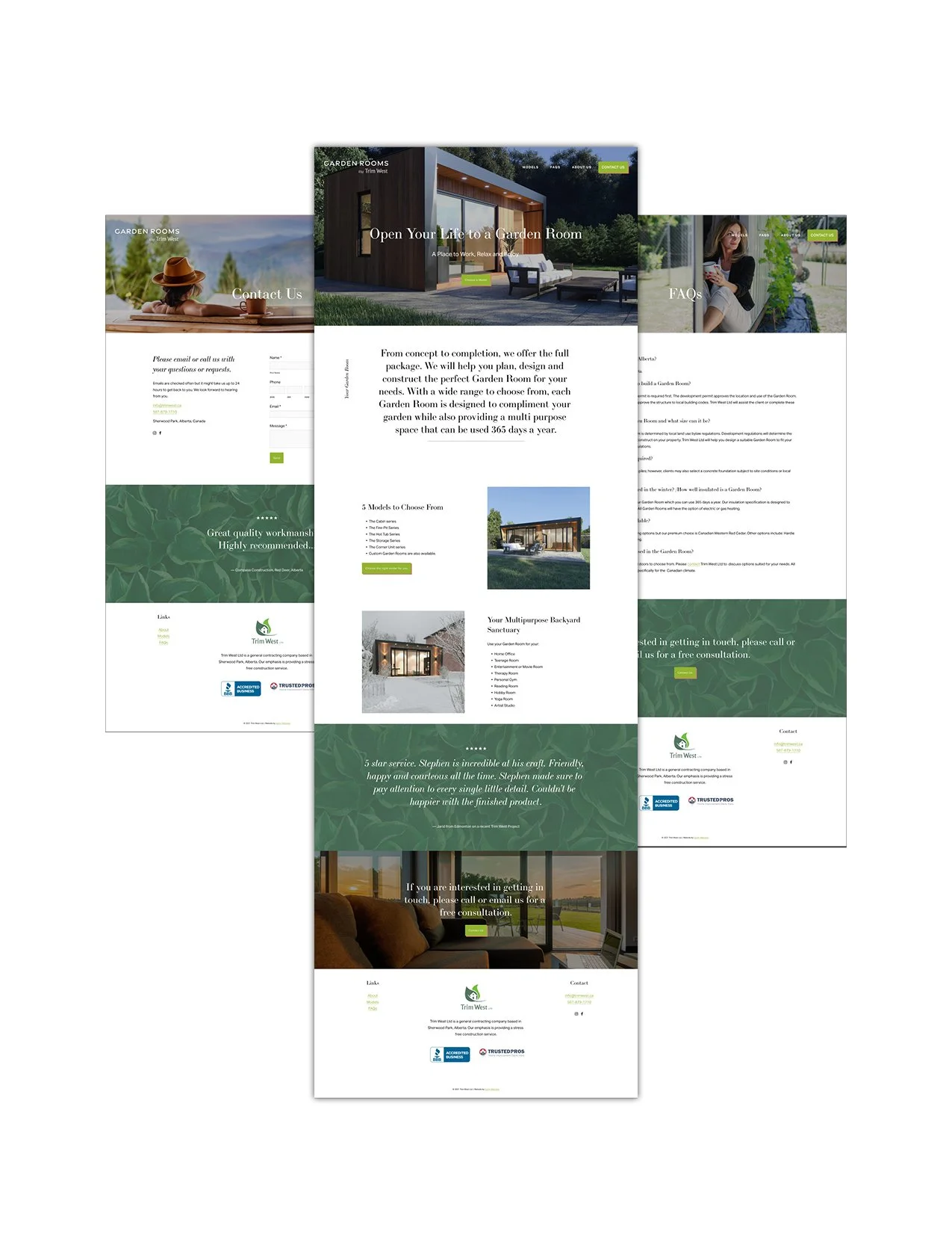 Three overlapping web page designs showcasing a garden room service. The first page features contact details and a person in nature. The second page highlights a modern garden room with text about services, models, and images. The third page offers FAQs and a woman sitting outdoors. Green and natural-themed design elements are visible throughout.