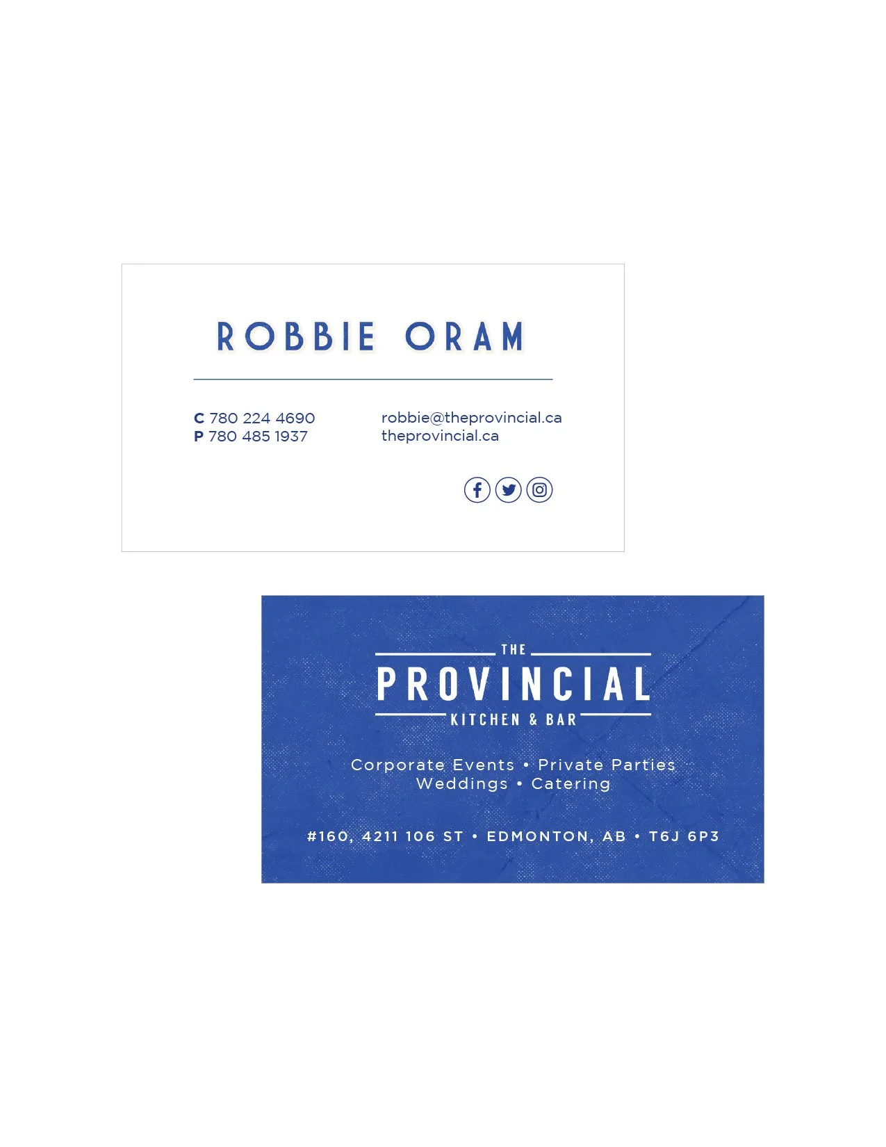 Business card for "The Provincial Kitchen & Bar" featuring contact information and services offered. Includes phone numbers, email, website, and social media icons. The card has a clean design with blue and white colors.