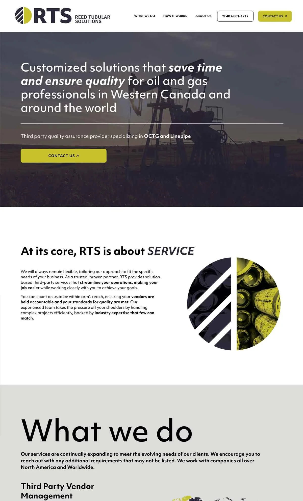 Website of Reed Tubular Solutions offering customized solutions and quality assurance for the oil and gas industry. Includes contact information, service description, and focus on vendor accountability and industry expertise.