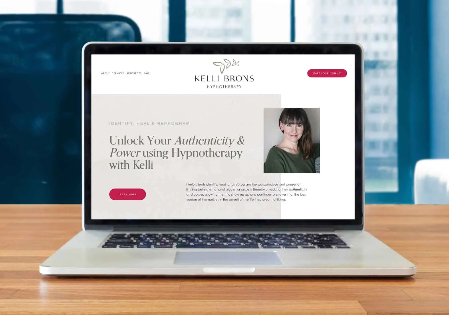 Laptop displaying a hypnotherapy website for Kelli Brons, featuring a portrait and text about unlocking authenticity and power through hypnotherapy.