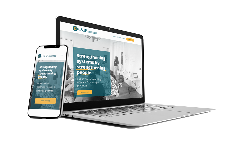 Laptop and smartphone showing a website with the text "Strengthening systems by strengthening people. Public sector coaching, retreats, & strategic planning."