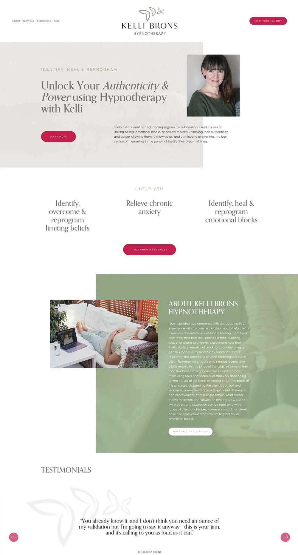 Homepage of Kelli Brons Hypnotherapy website, featuring a header with navigation links and a call-to-action button. The page highlights the benefits of hypnotherapy for overcoming limiting beliefs, emotional blocks, and chronic anxiety. Includes testimonials, an image of a woman, and accompanying textual information about the services provided.