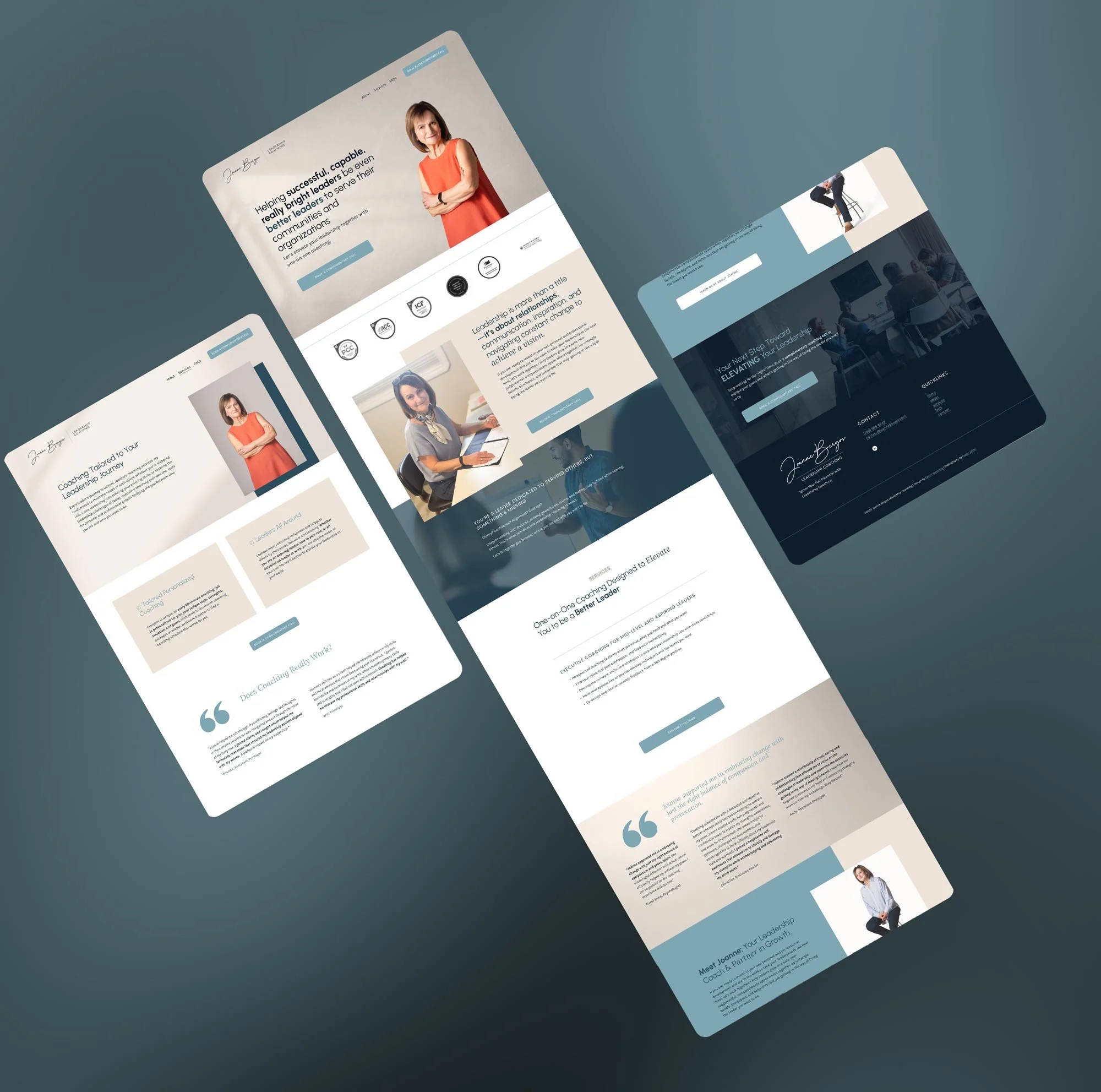 Digital mockups of coaching website for Joanna Bergos,  pages featuring images of women, text about leadership and coaching, and call-to-action buttons.