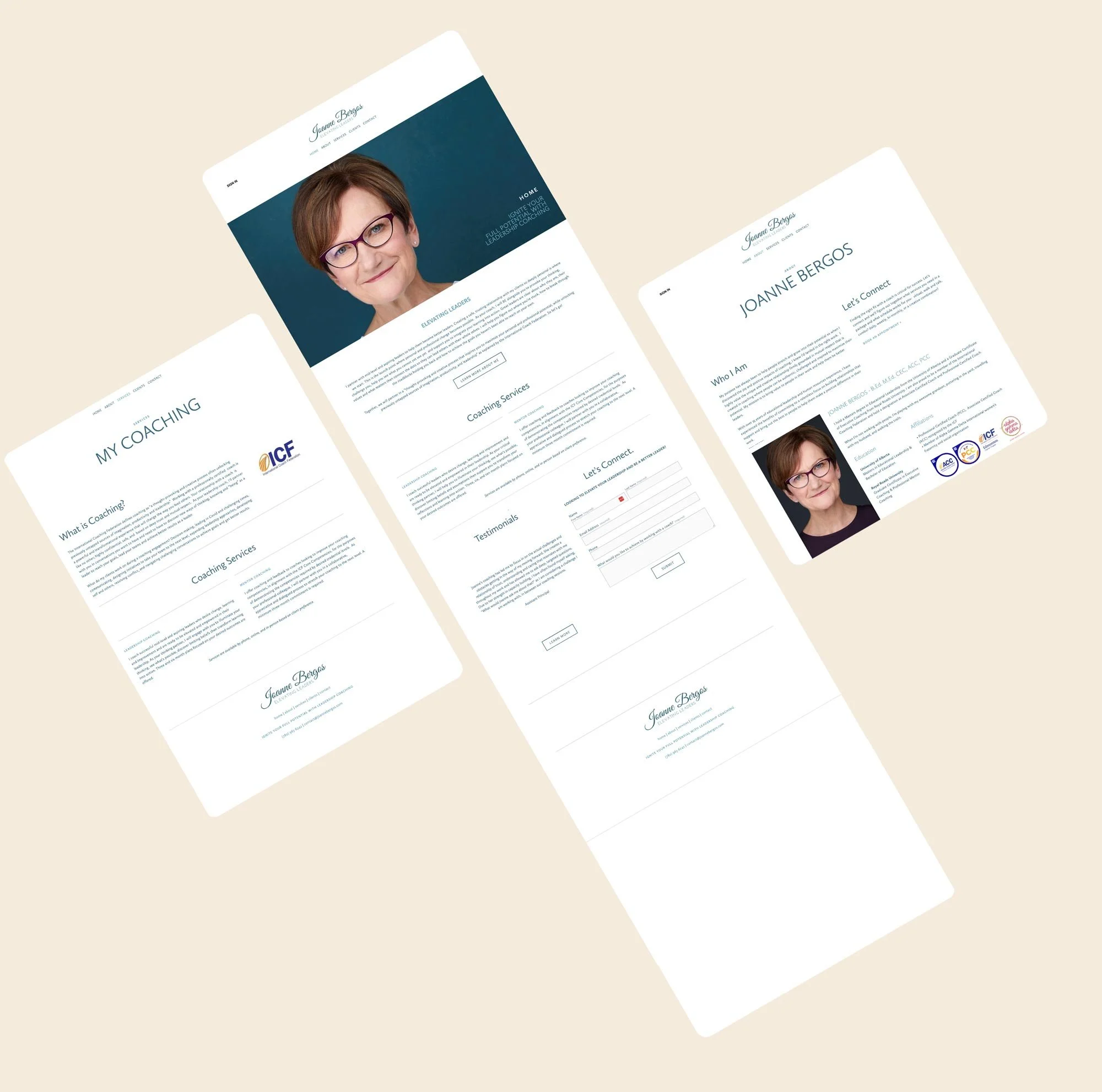 Three website pages for Joanne Bergos, a leadership coach, displaying her photo, service descriptions, and contact information, on a beige background.