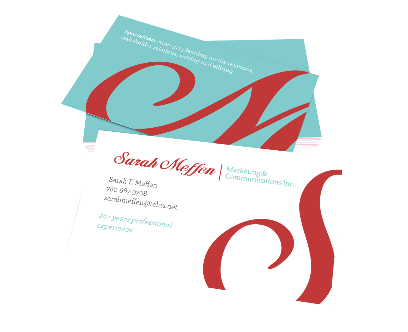 Business cards for Sarah Meffen, featuring contact details and specialties in marketing and communications.