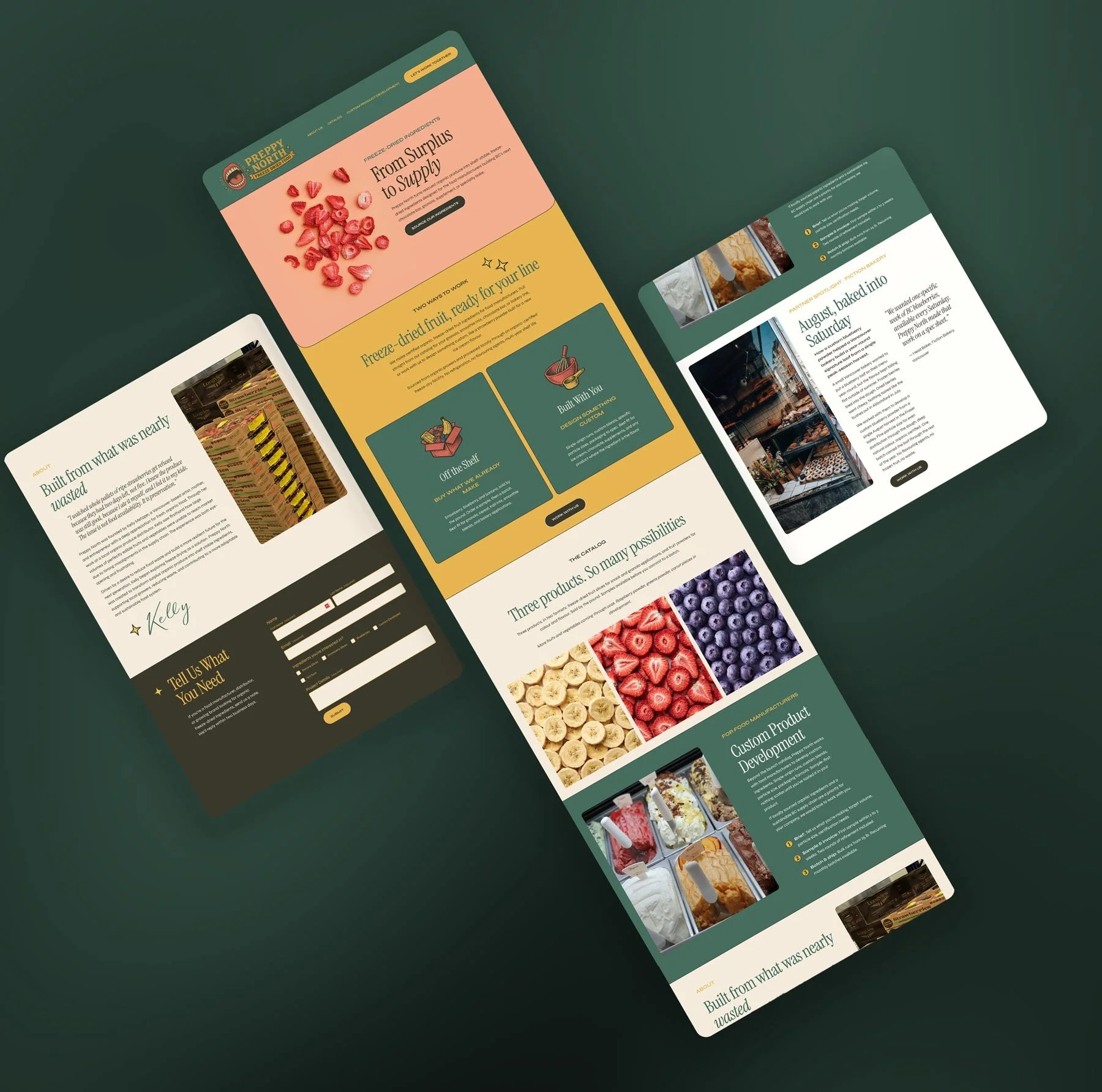 Digital mockup of two overlapping website pages on a dark green background, featuring content related to food products, including frozen fruits, ice cream, bakery items, and information about product development and supply chain.