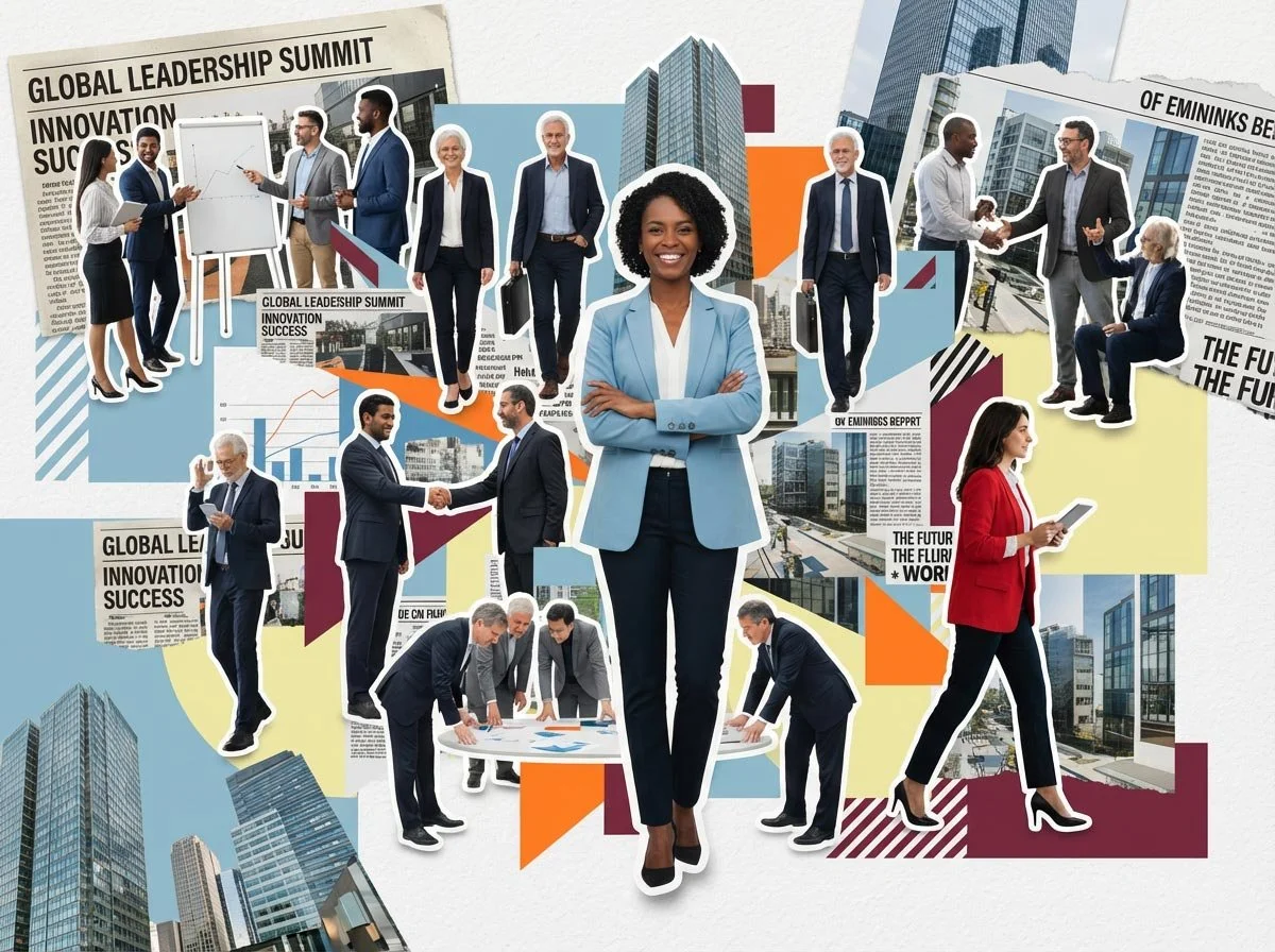 Collage of business professionals at a corporate event, with skyscrapers in the background, newspaper clippings about leadership and innovation, and graphics depicting growth and teamwork.