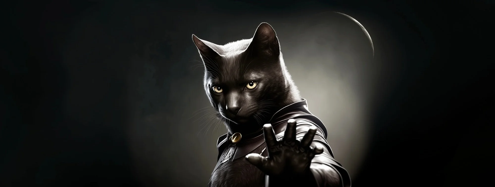 A black cat dressed as a superhero with a cape, extending its paw forward, against a dark background with a crescent moon.
