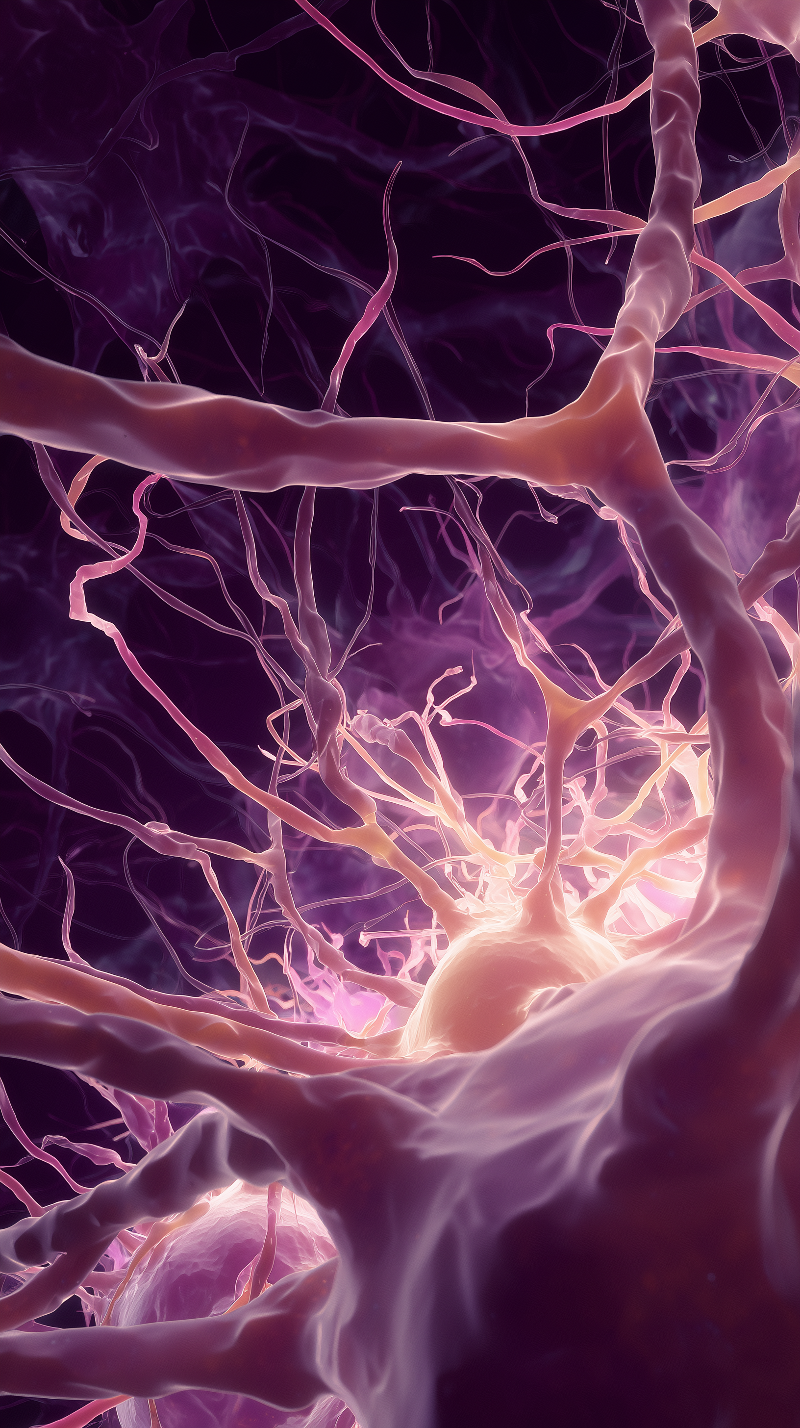 A microscopic view of neurons with interconnected nerve cells in shades of pink, purple, and beige against a dark background.