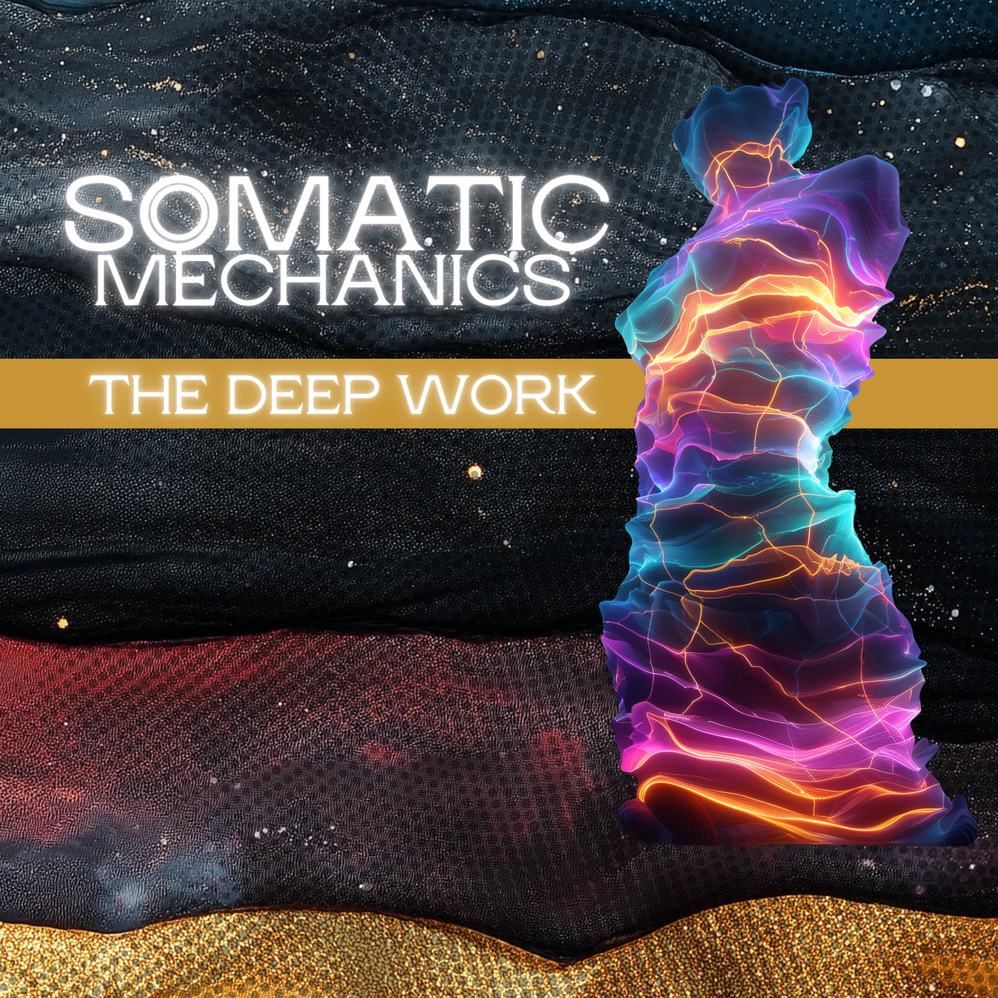 An abstract image of a colorful, glowing, neural network-like structure against a textured, dark background with the text 'SOMATIC MECHANICS' and 'THE DEEP WORK'.