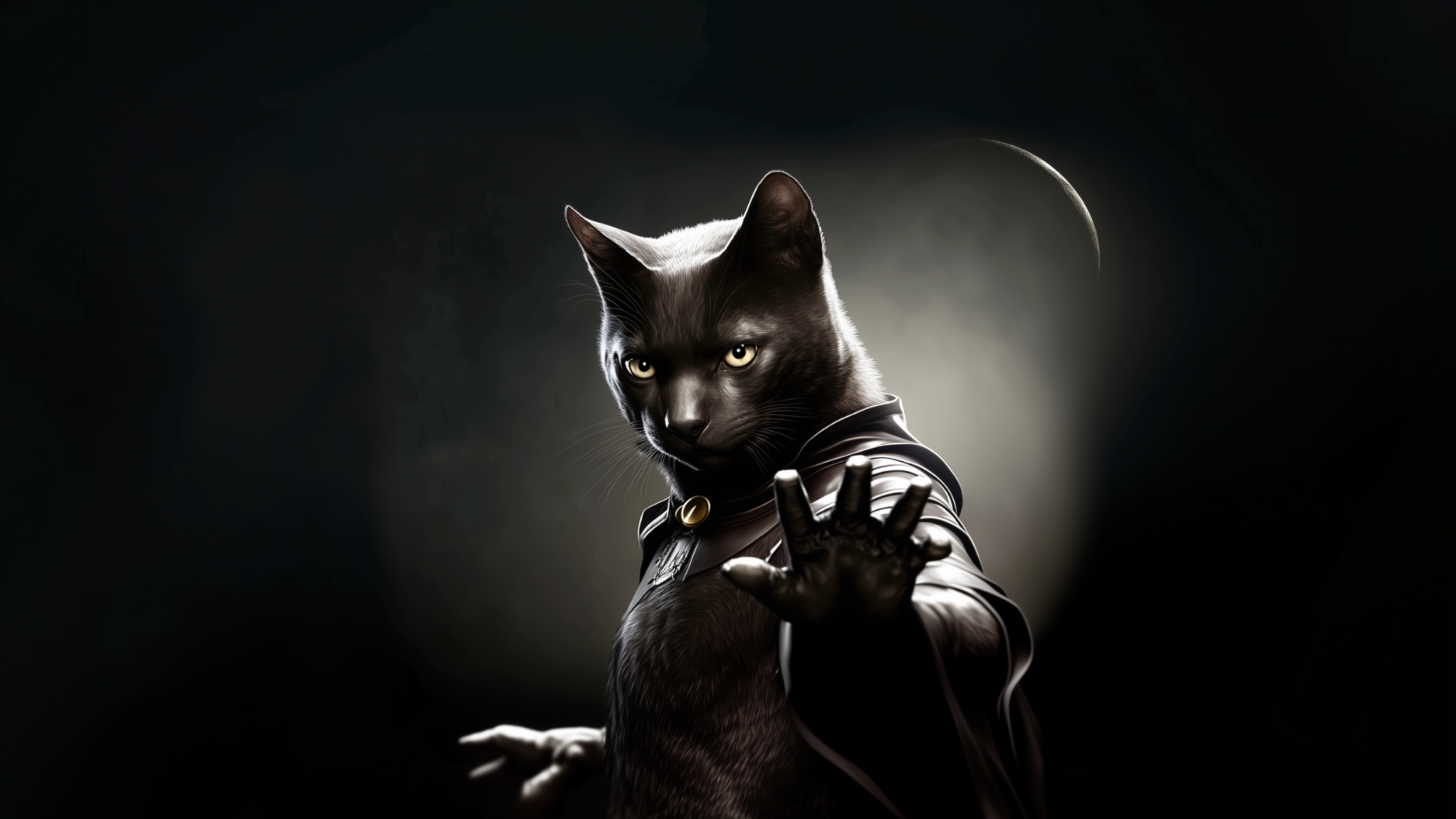 A black cat dressed as a superhero against a dark, space-like background with a crescent moon, reaching forward with a paw.