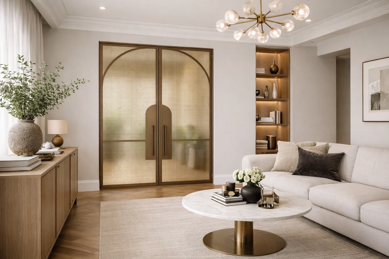 CGI of internal door featuring laminated mesh glass creating privacy and allowing light transfer