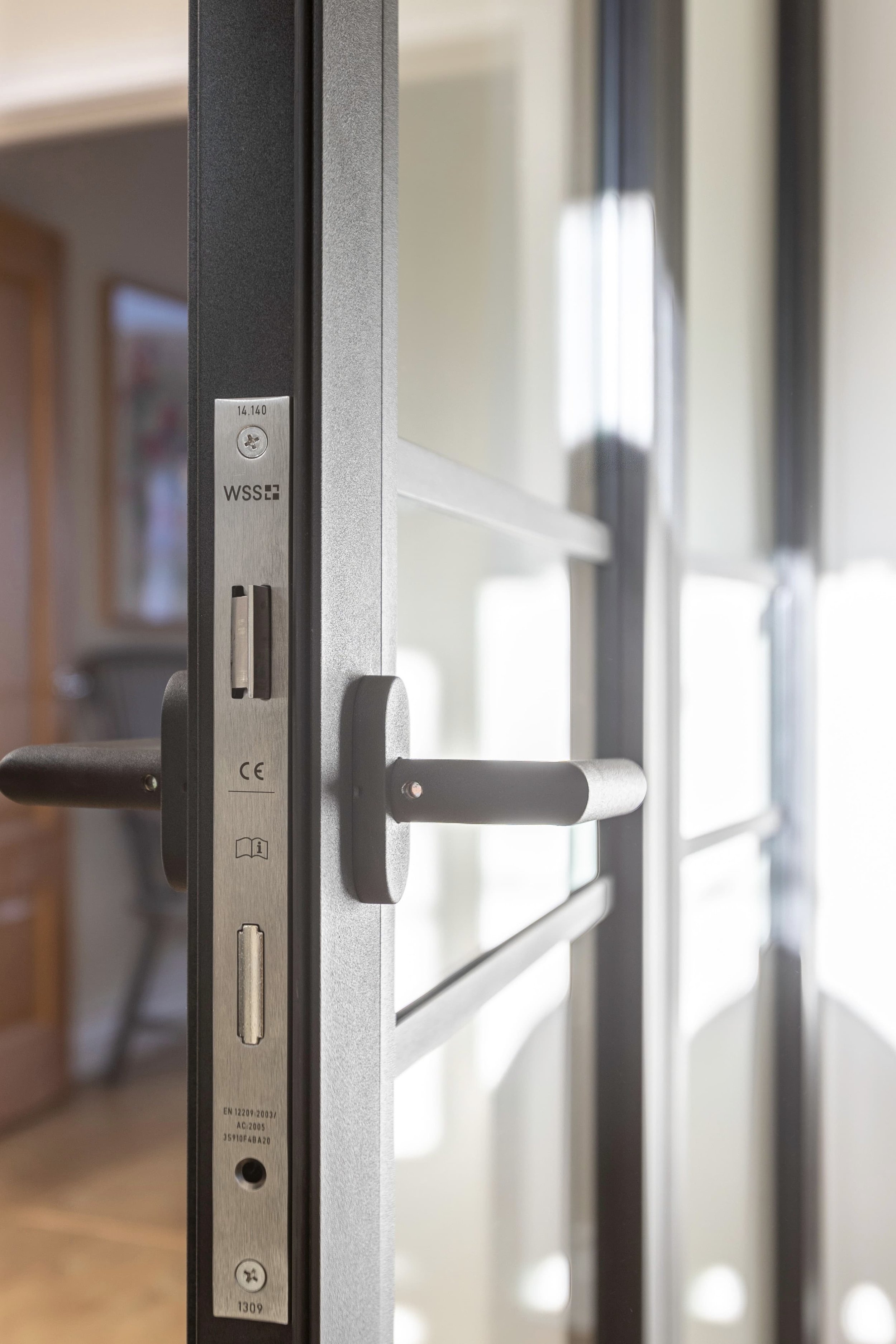 Close-up of fire-rated internal steel door showing lock mechanism and black lever handle with glazed panel.
