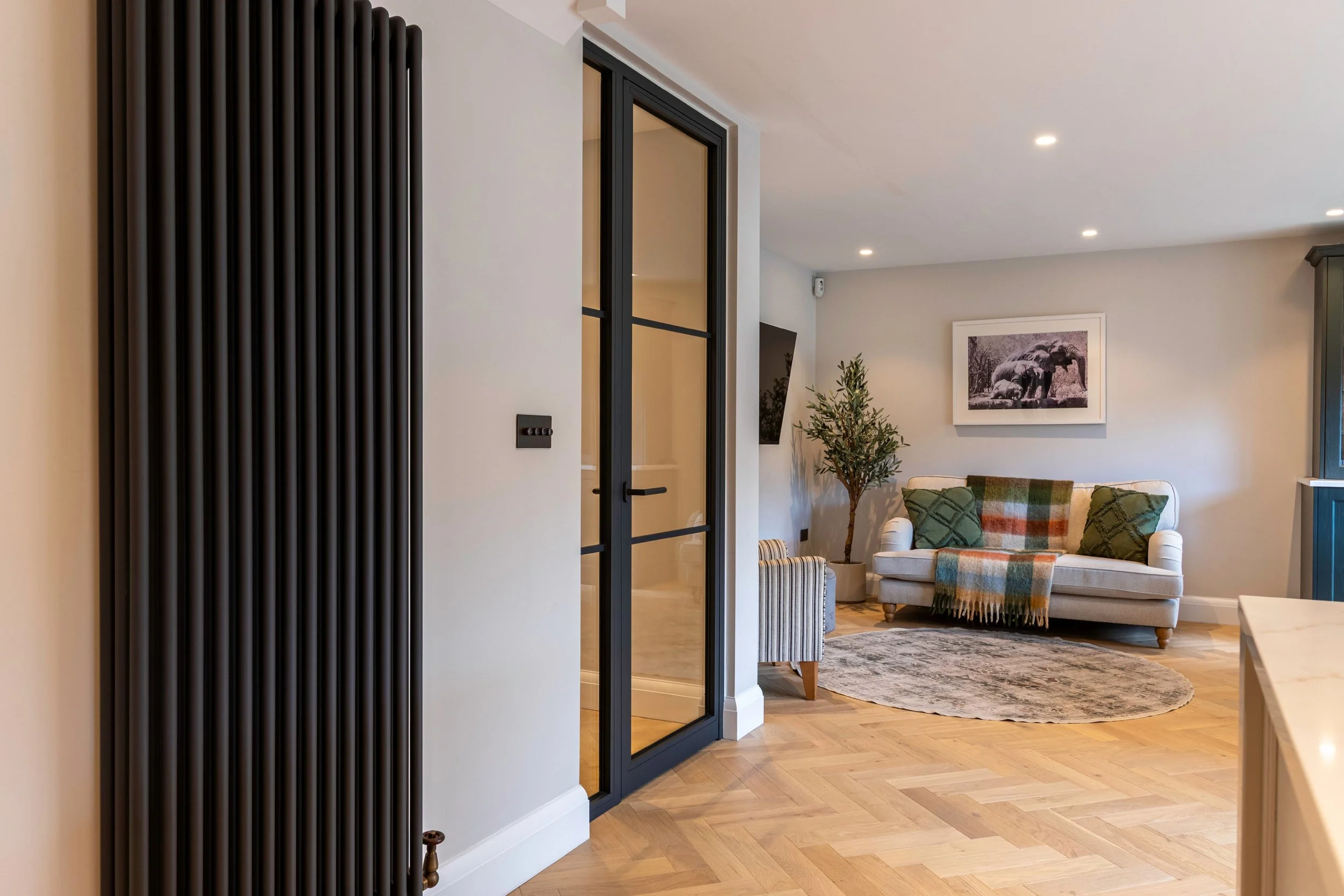 Steel framed internal fire rated single door leading from hallway to living space in a Surrey home.