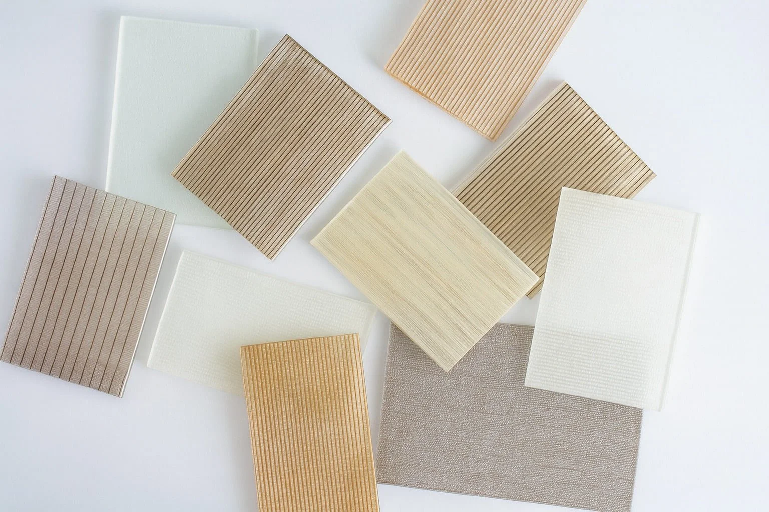 Samples of laminated fabric glass, laid out on a table