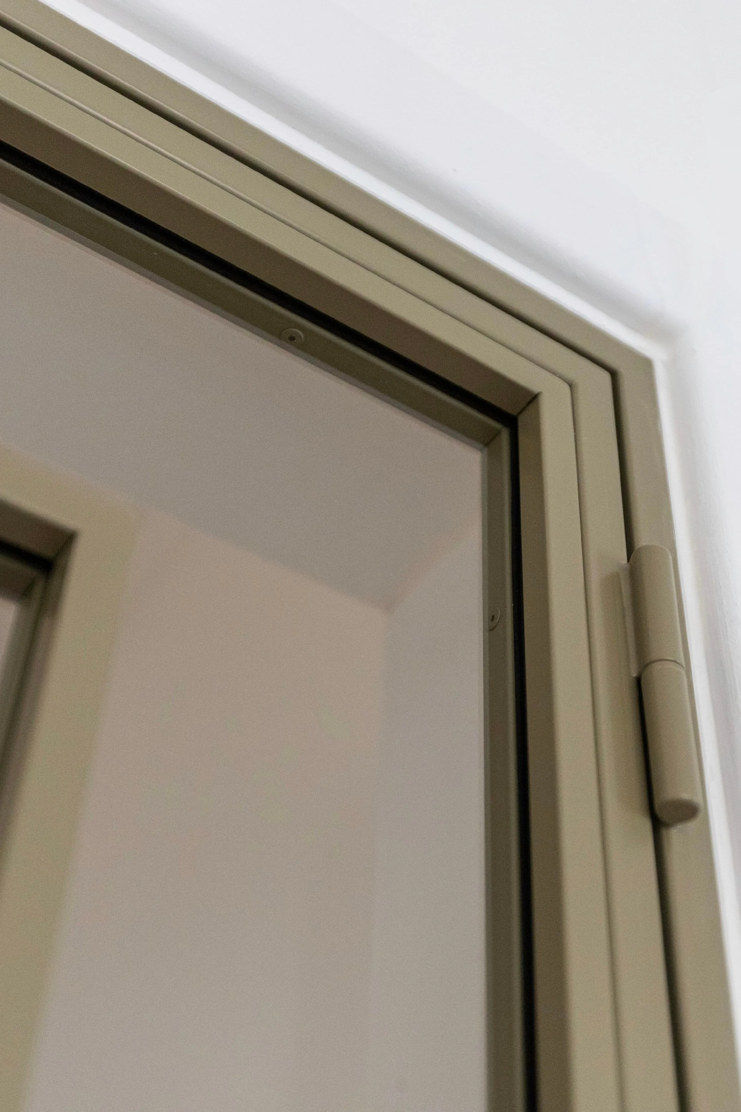 Close-up of olive grey steel door frame and hinge detail in internal double door set.