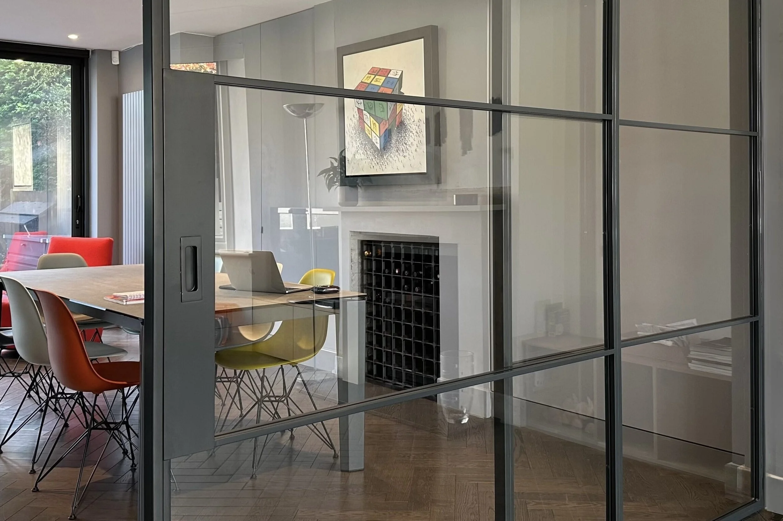 Cup handle and soft-close on a steel pocket sliding door