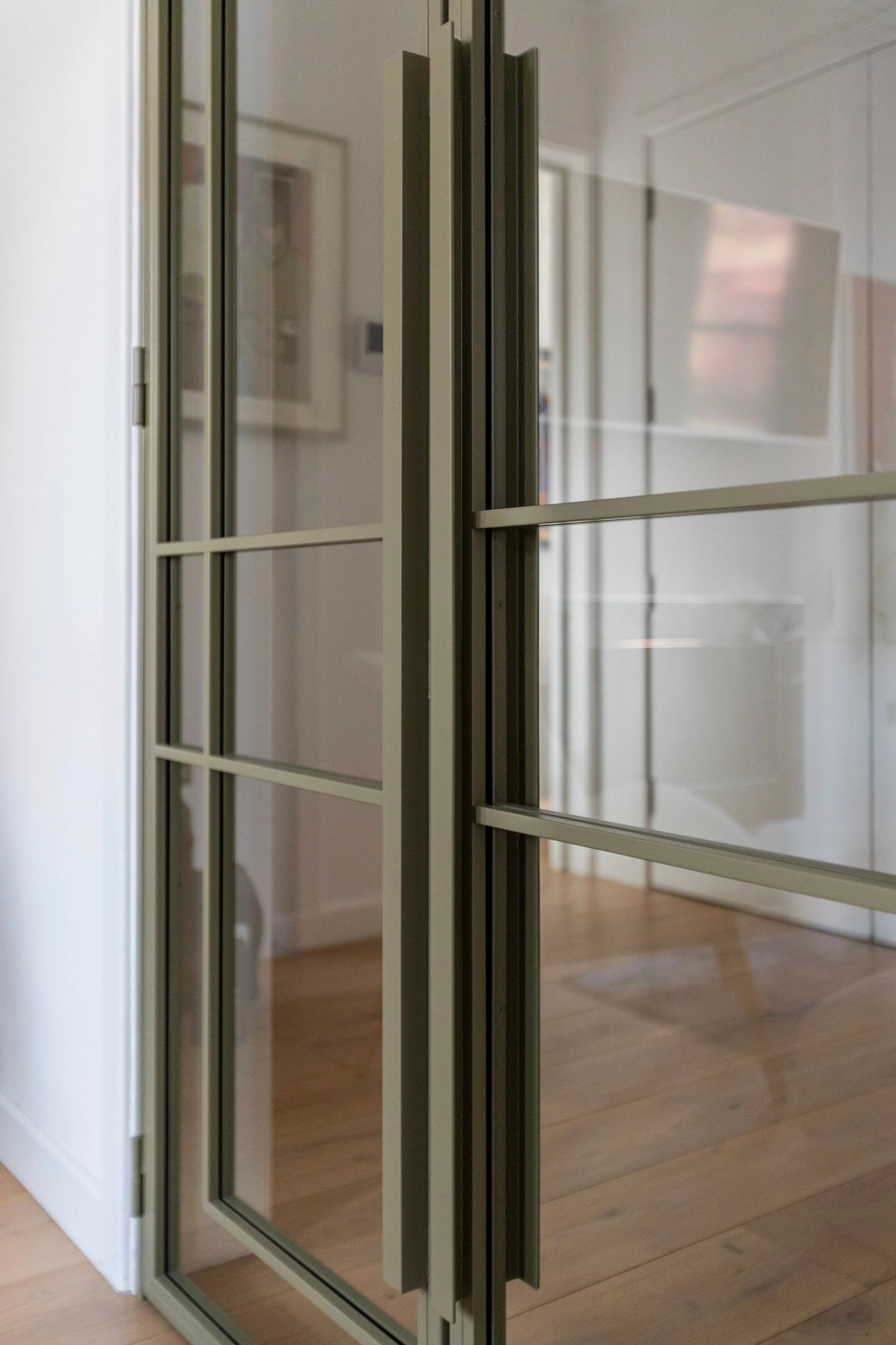 Close-up of olive grey double steel doors with Trim handle and horizontal bar design detail.