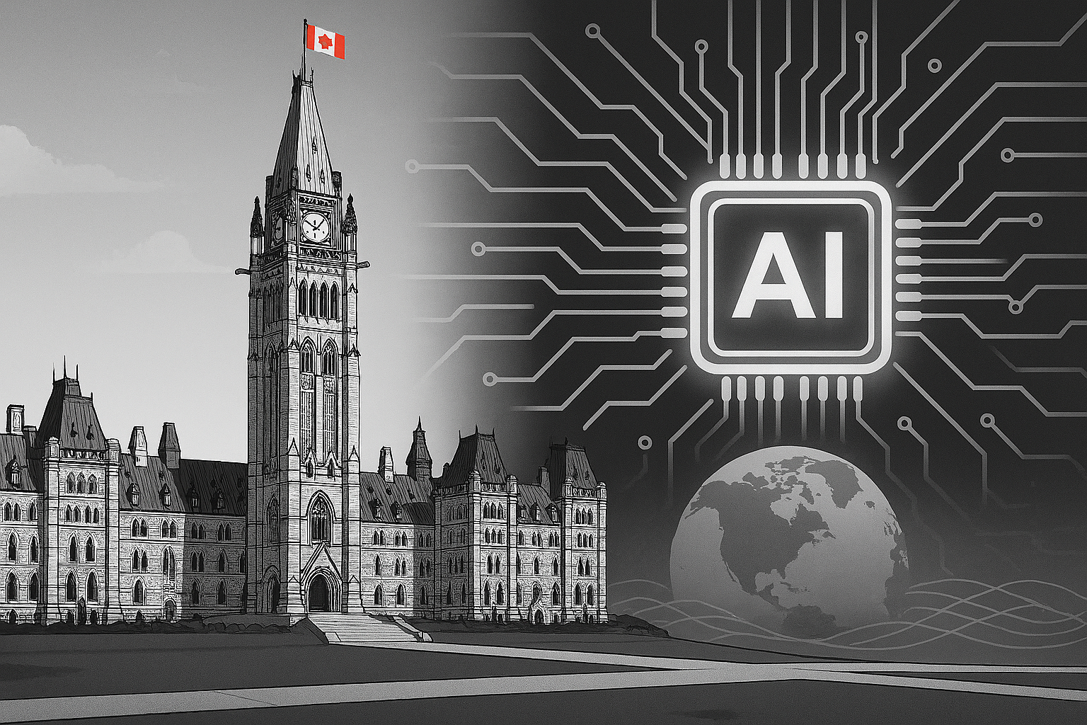 Black and White Image of Parliament with the word "AI"