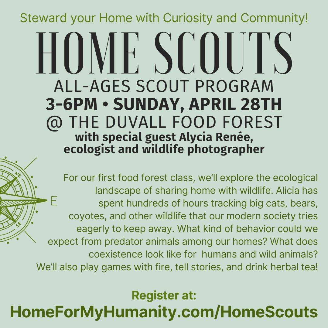 I am so stoked to welcome Alycia Renee to Home Scouts this Sunday at the Duvall Food Forest 🌳🔥

Arrive early to help with the work party at the food forest - starts at 1pm❤

Then at 3pm join @alyrenwildlife and the home scouts team for a workshop w