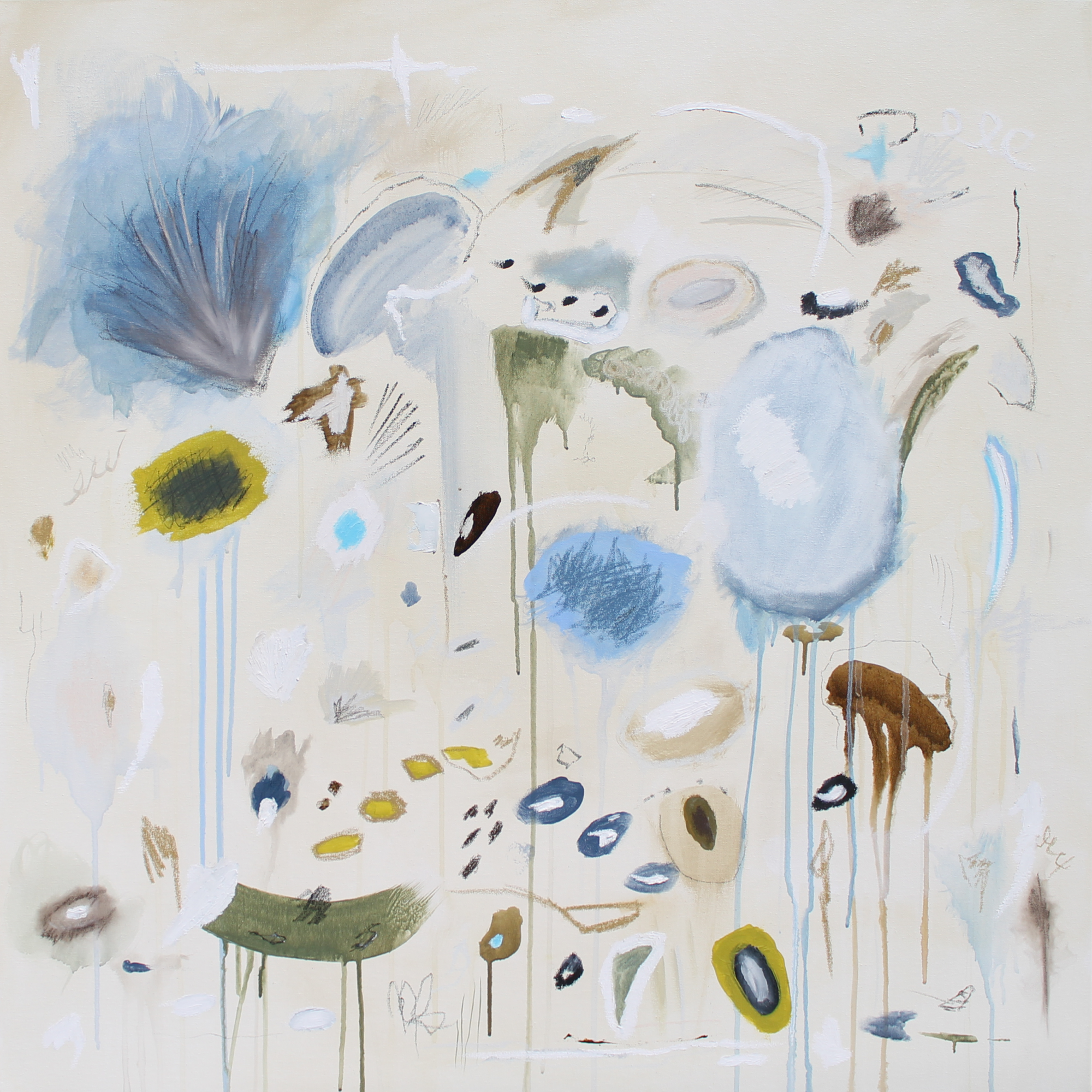 BEHIND BLUE EYES, 36x36 inches, acrylic, oil stick, pastel, charcoal, and graphite on canvas