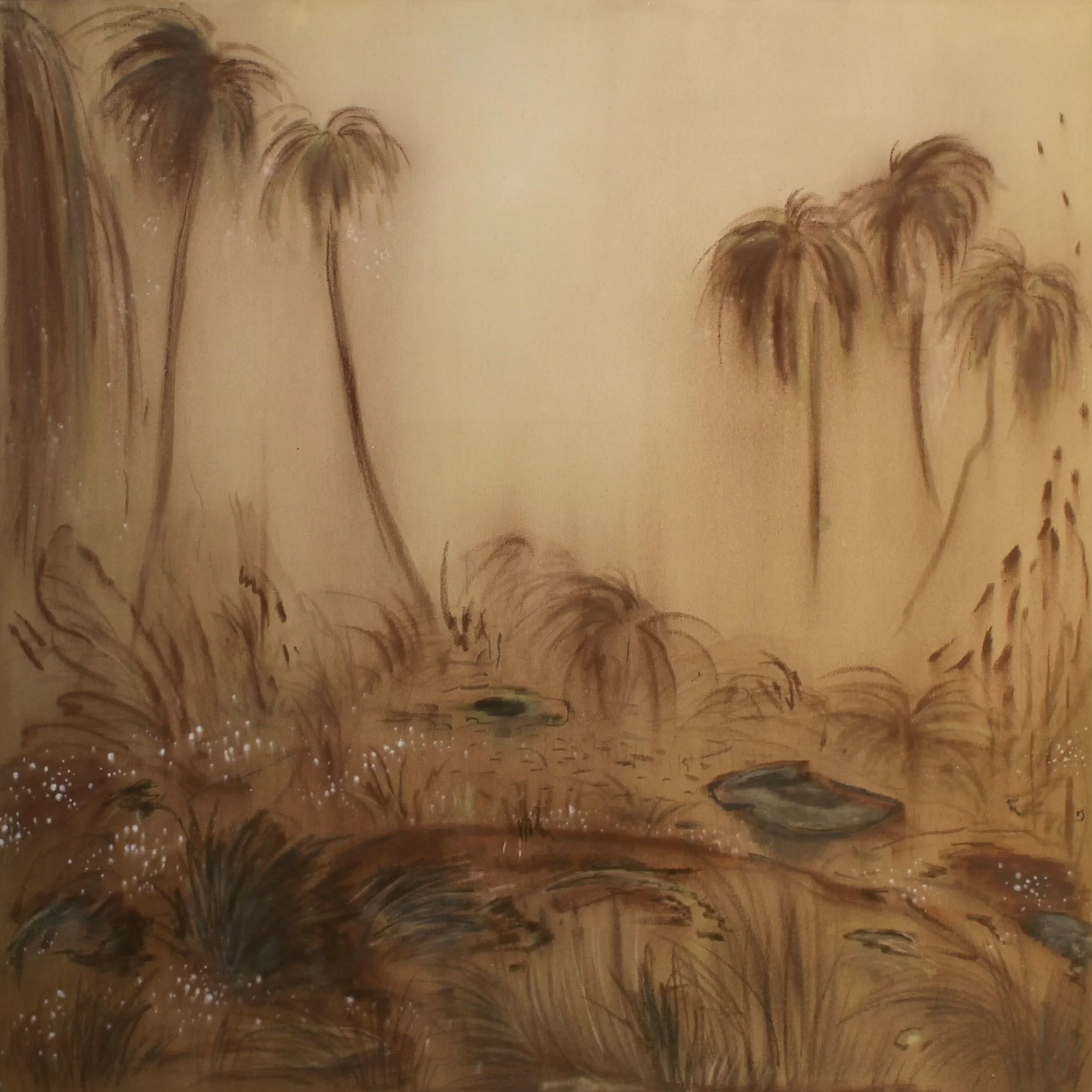 MUDDY MEADOW, 36x36 inches, acrylic and pastel on raw canvas 