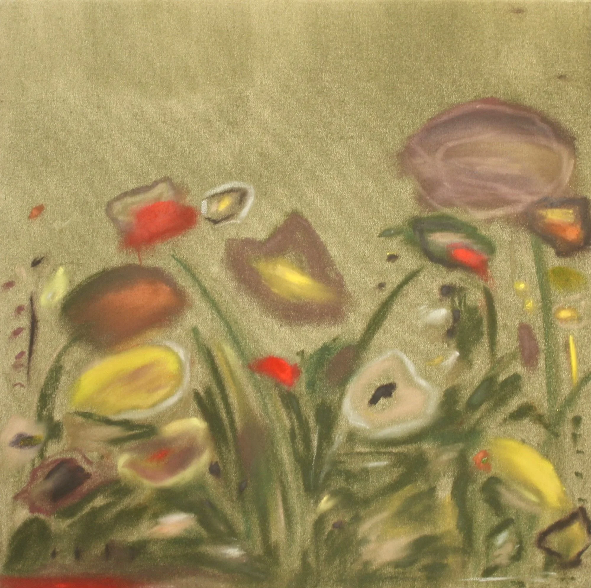 MUDROOM FLOWERS, 18x18 inches, pastel on raw canvas 