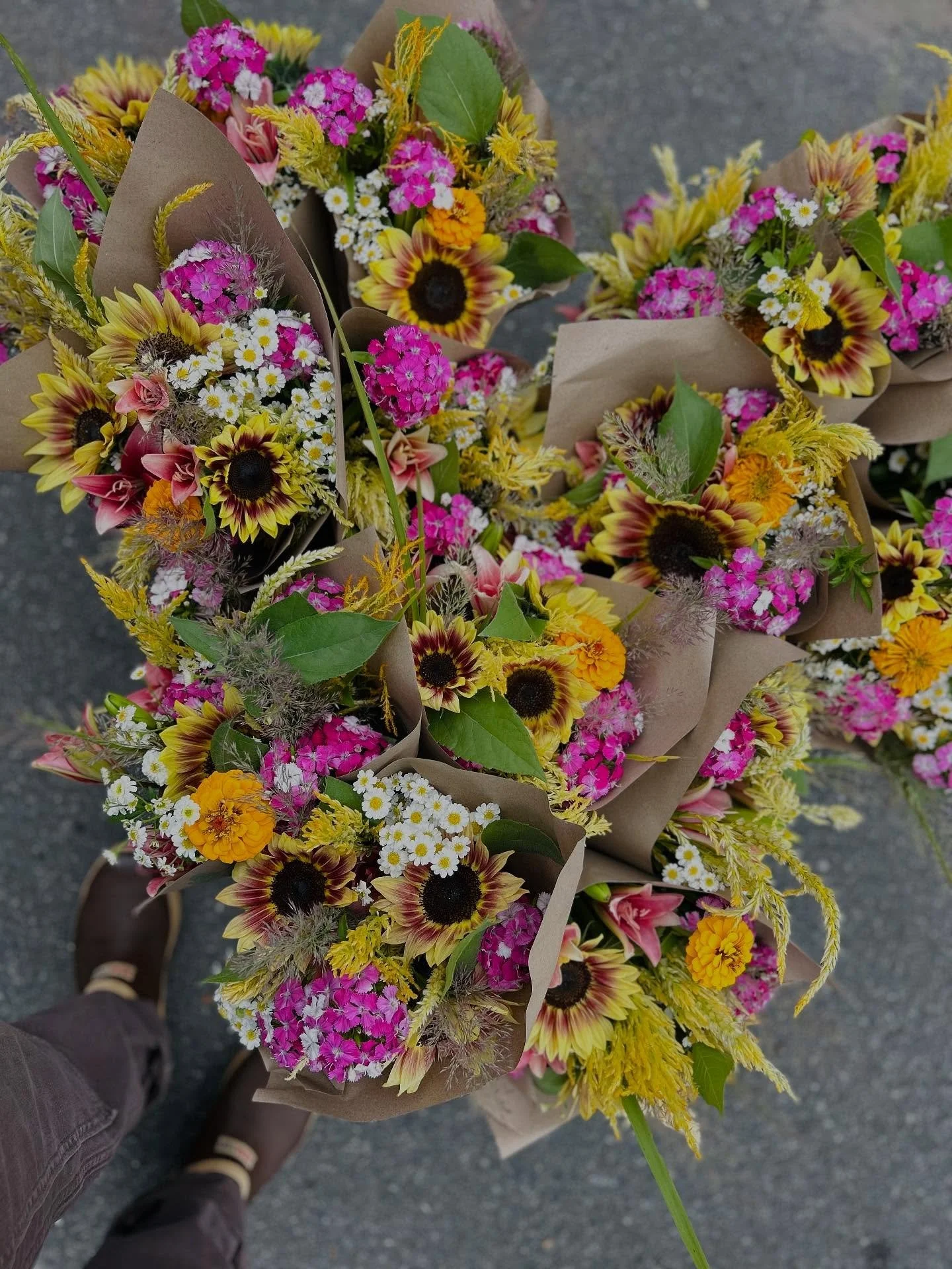 Just made a late afternoon delivery of these bright (now officially) fall bouquets to the @monadnockcoop !  Sunflowers, celosia, marigolds, feverfew, lilies and more!
