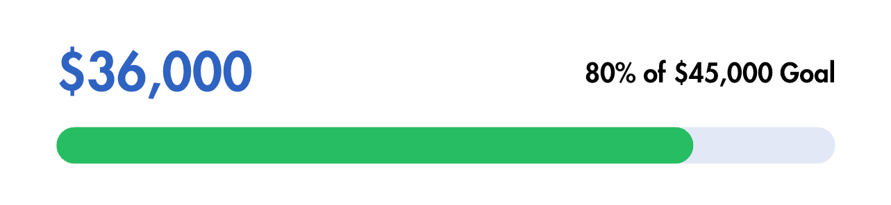 A progress bar showing 80% completion towards a $45,000 goal, with $36,000 raised so far.