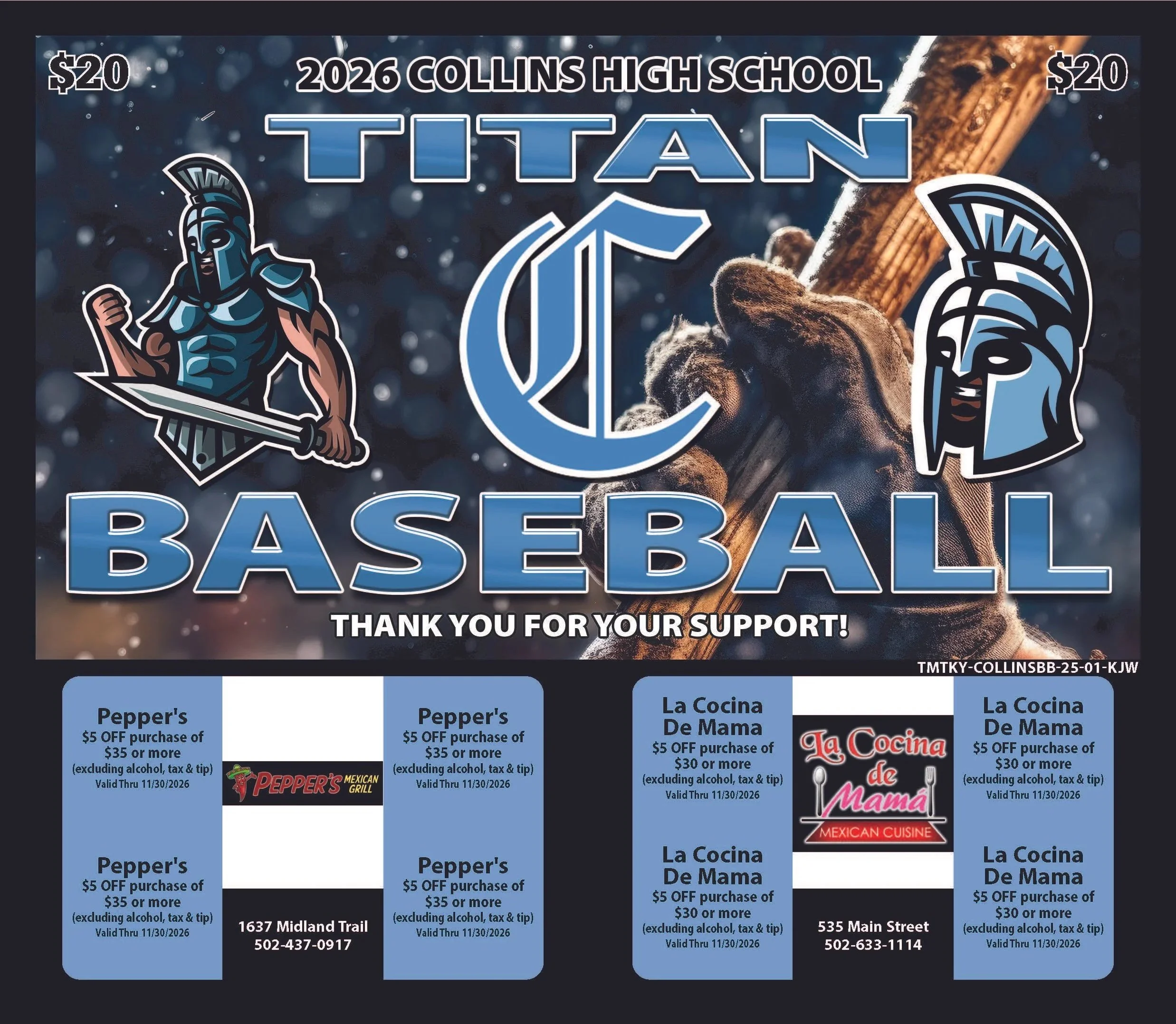 High school baseball event flyer for 2026 Collins High School Titan. Features a background with a baseball and graphic of a Spartan helmet. Contains discount coupons for Pepper's Mexican Grill and La Cocina De Mama, with addresses in Midland Trail and Main Street, valid through November 30, 2026.