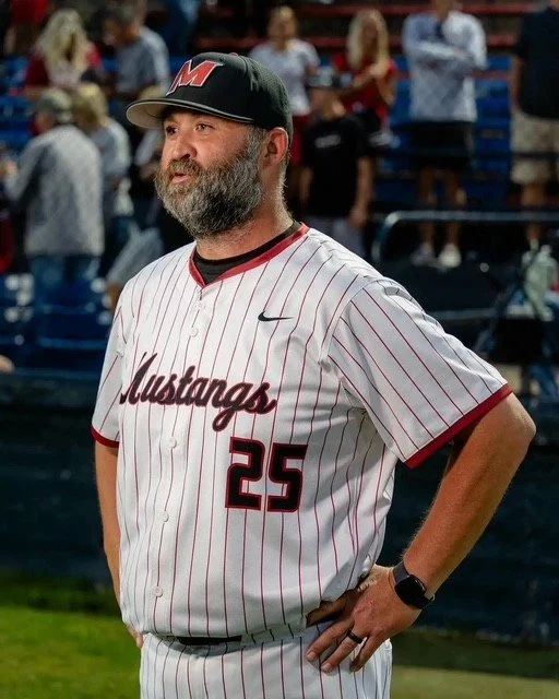 A man with a beard and mustache wearing a baseball uniform and cap standing on a baseball field, who is a fiv fs fundraising coach.