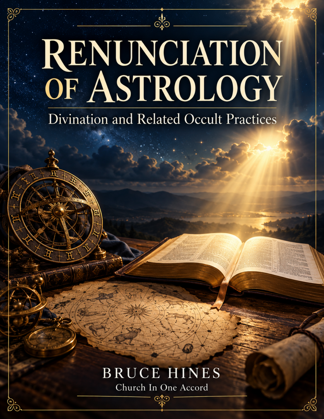 Renunciation of Astrology: Divination and Related Occult Practices by Bruce Hines, cover with an open Bible and sunlight