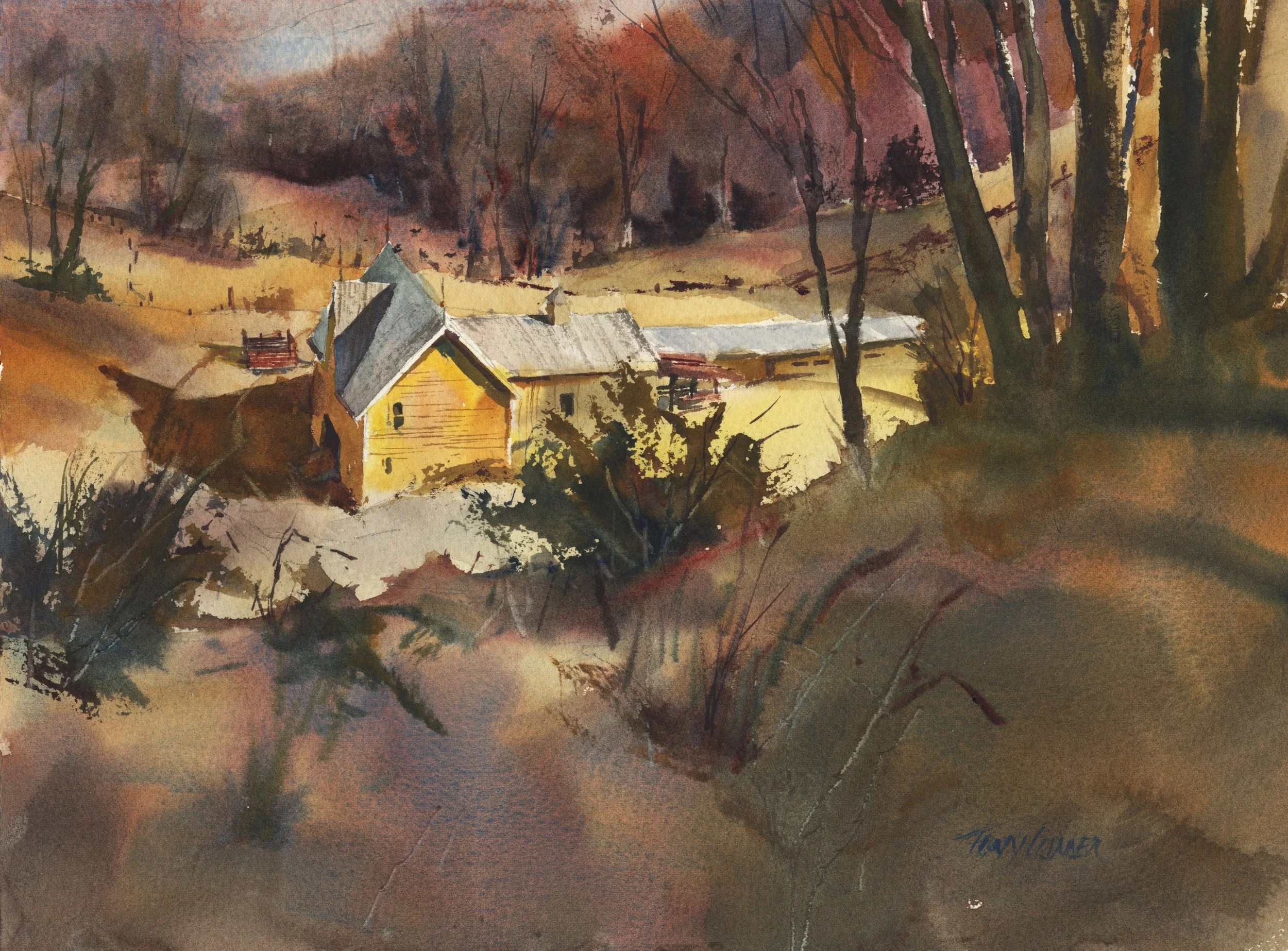 “Yellow Farm” - watercolor landscape painting of early spring in Vermont