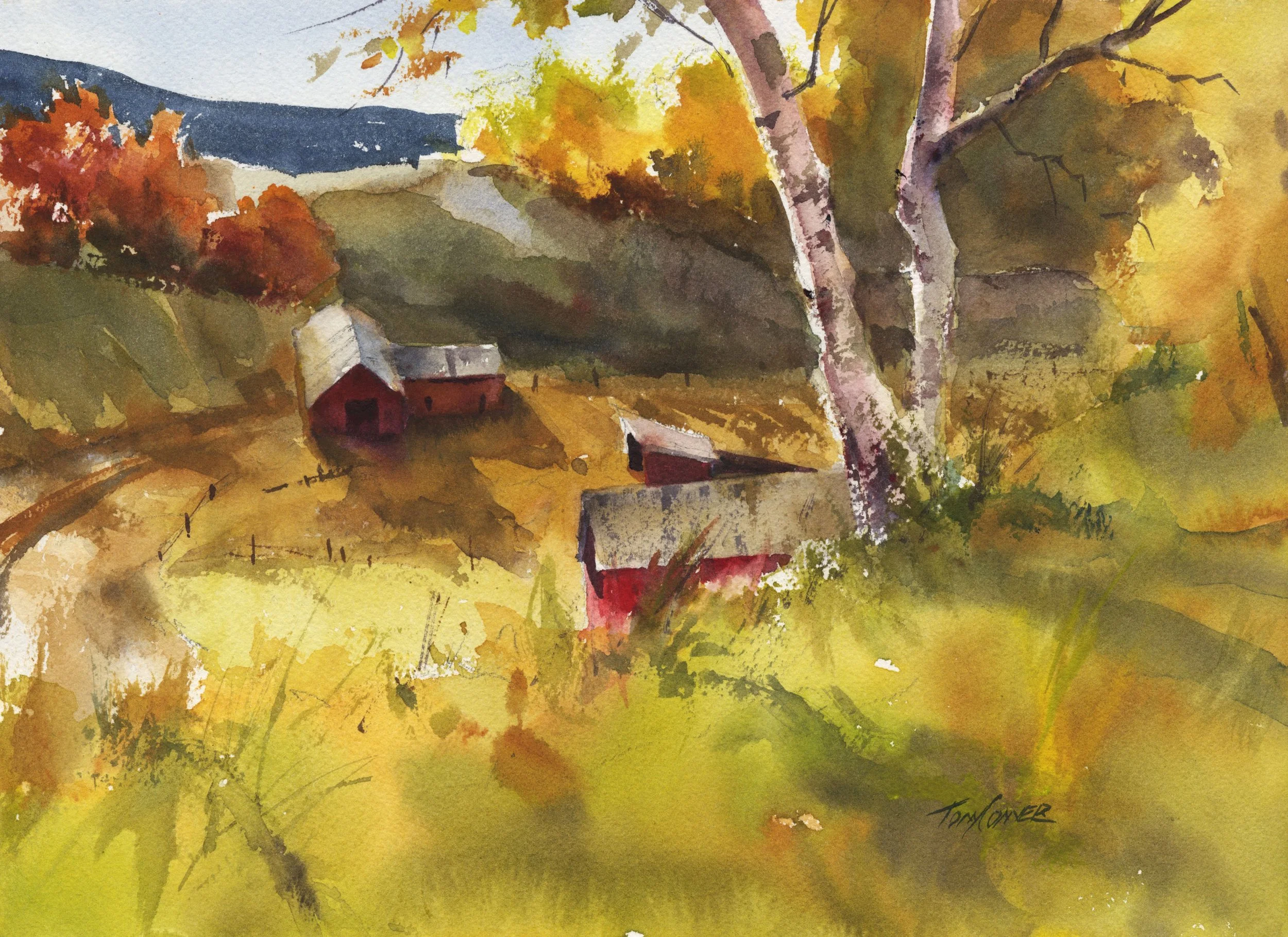 “Birches On A Hill” - watercolor landscape painting fall scene
