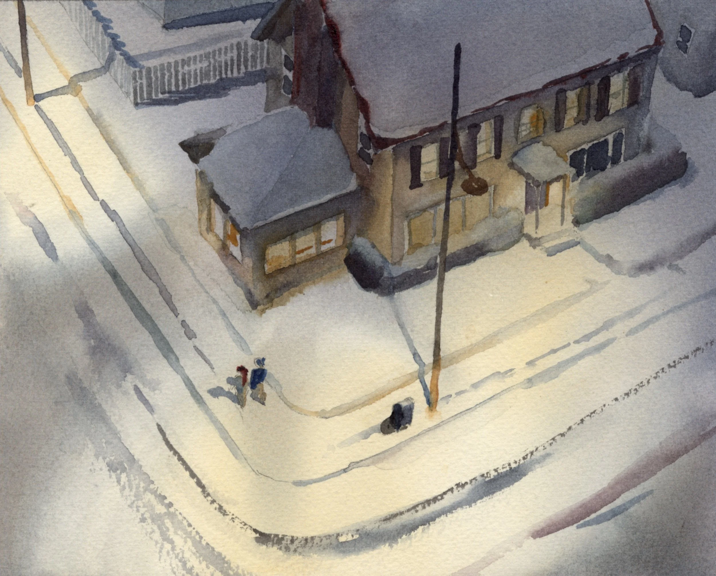 Watercolor painting of a winter night scene from an unusual viewpoint