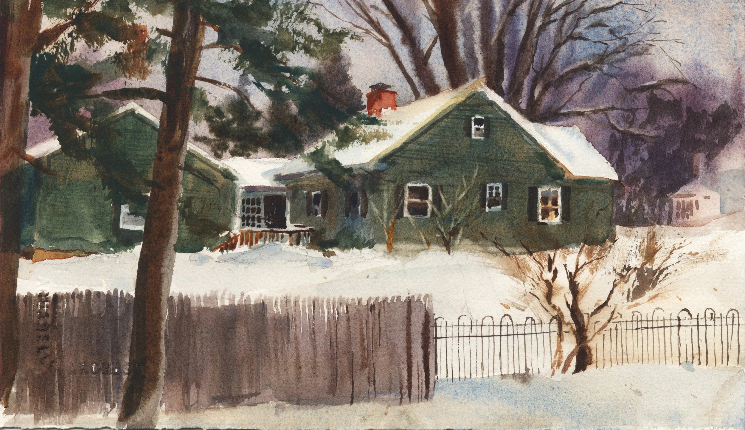"Snow By Yard" - watercolor painting of a winter landscape scene