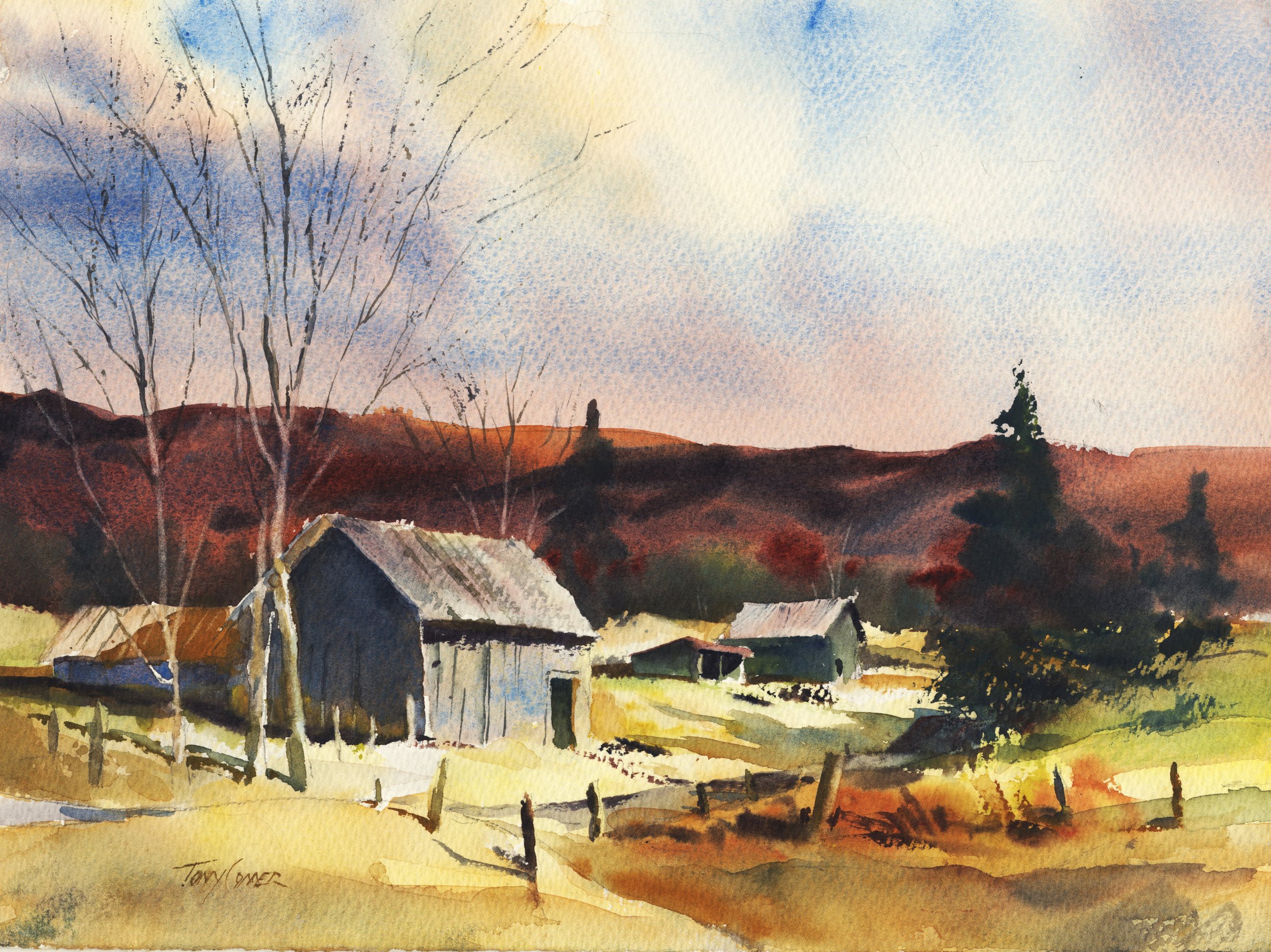 “Farm On East Road” - warm spring light in a watercolor landscape painting