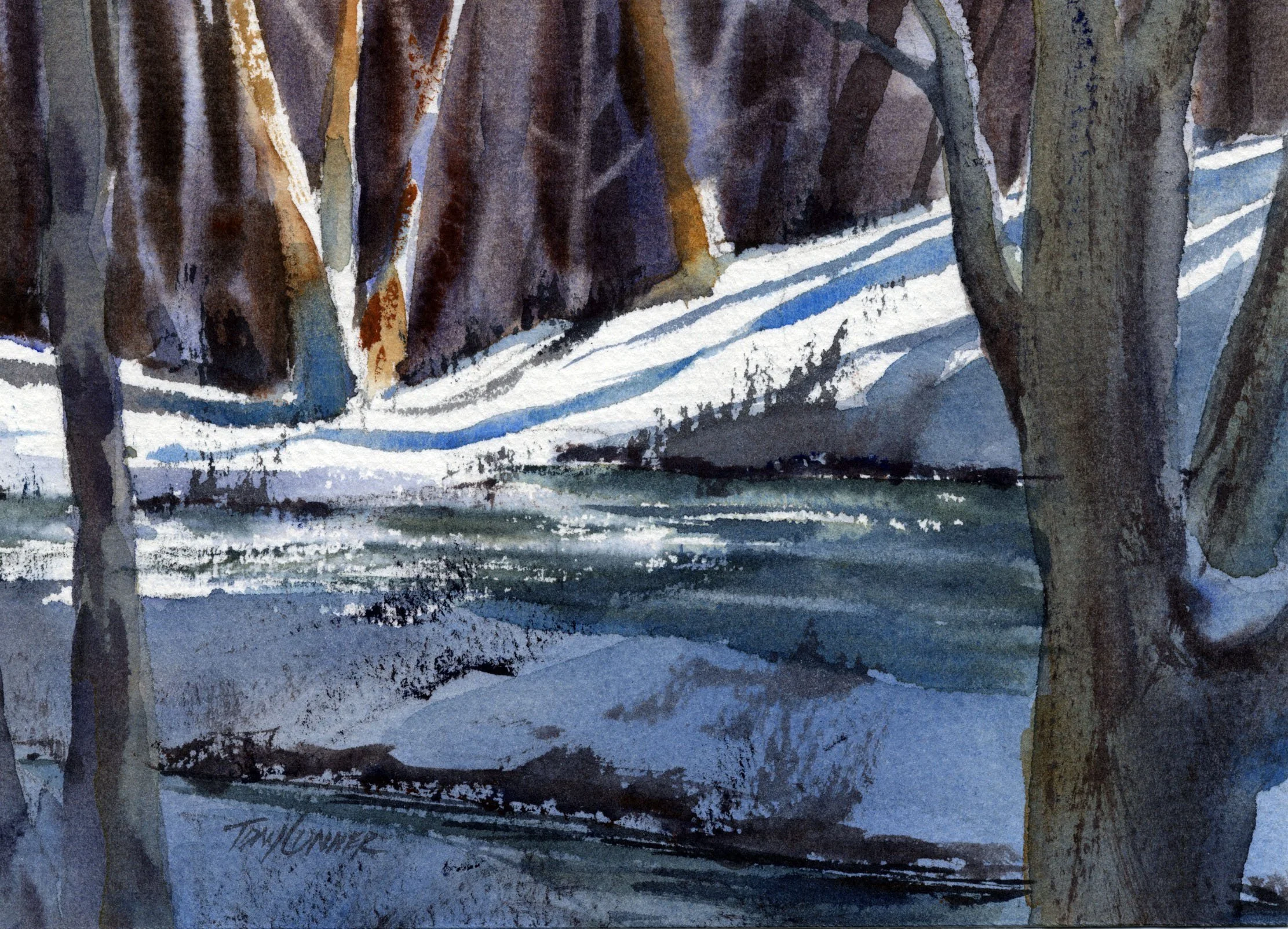 “Along A Winter Stream” - original watercolor landscape painting