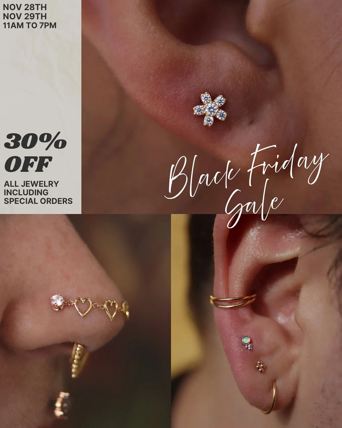 BLACK FRIDAY IS BACK! ✨🥳🎉 Get ready for HPC's most epic sale! Both locations are participating, offering 30% OFF all jewelry, including gold and special orders! Don't miss out on Friday the 28th and Saturday the 29th from 11am to 7pm! Special order