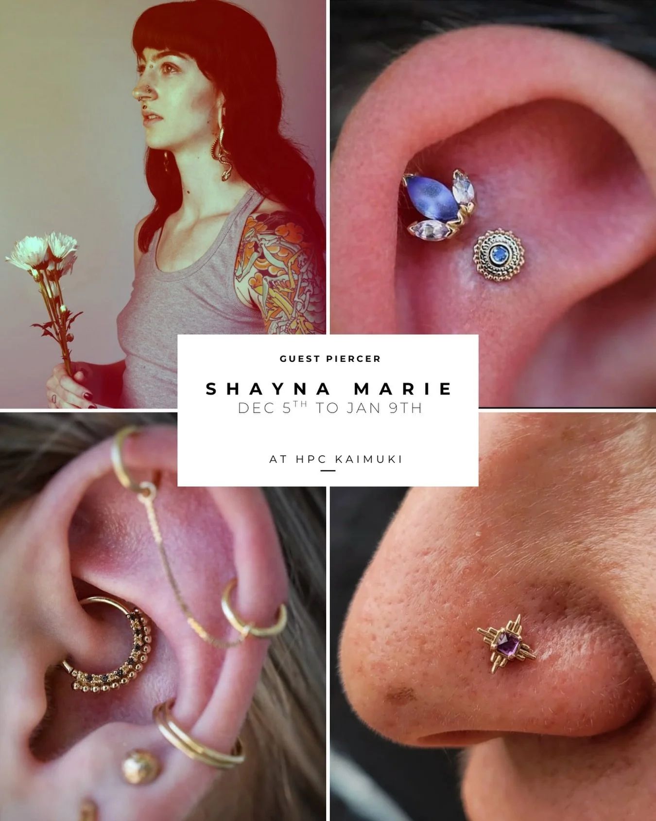 Hi, I'm Shayna, a piercer since 2017. I've had the pleasure of working at HPC, one of my favorite studios, and I'm excited to reconnect with their amazing clients. My piercing specialties include paired nostrils, symmetrical setups, and surface work.