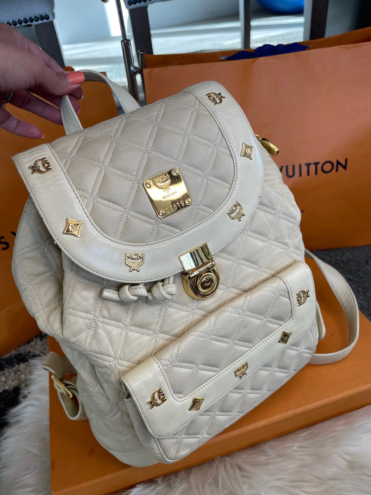 MCM Beige & White  Quilted Backpack MCM Cream White Leather Quilted Large Backpack | eBay main image 2
